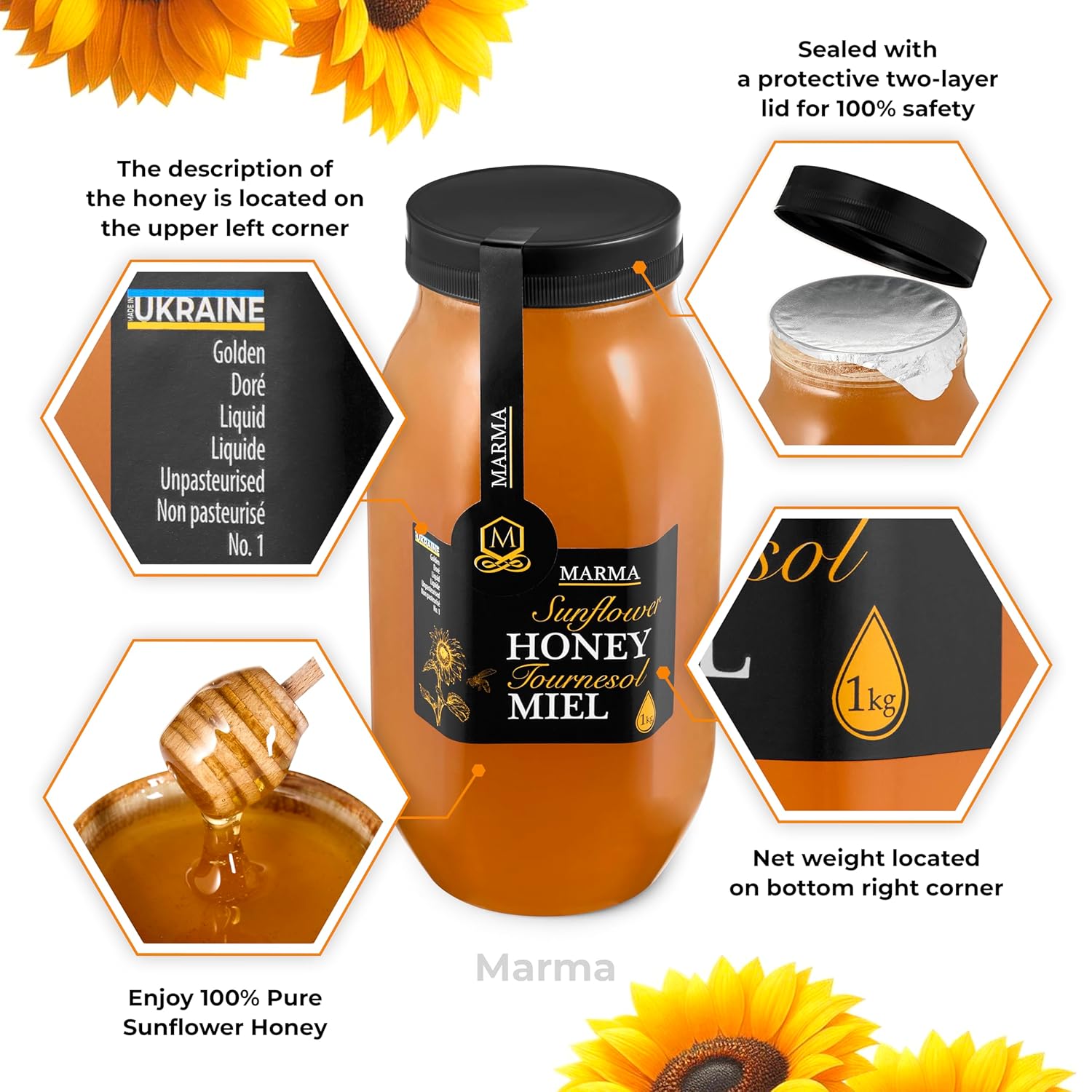 HONIGMA® Marma Sunflower Honey | Authentic Raw Honey from Ukraine | 100% Pure, Unpasteurized & Fully Crystallized | 1000g/35.2oz | Naturally Solid Texture | Pack of 4 - Image 4