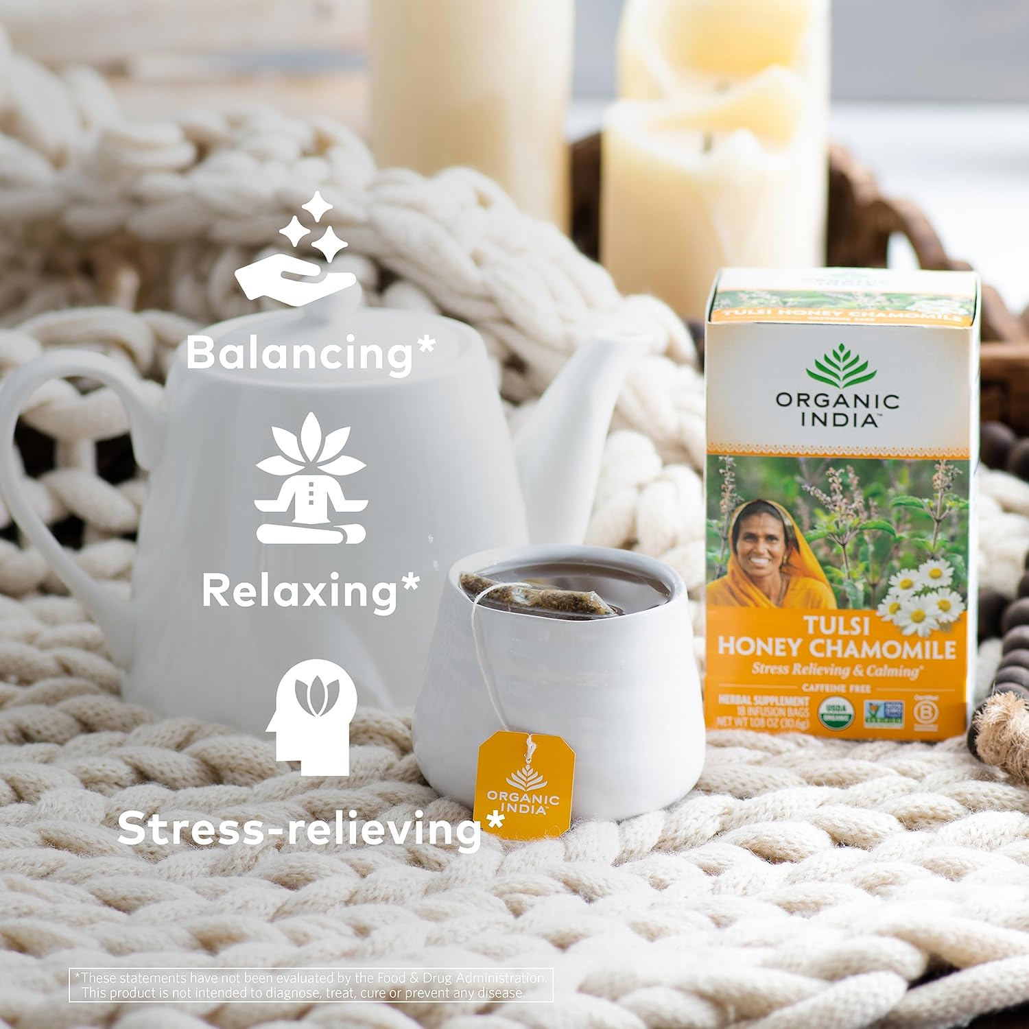Organic India Tulsi Honey Chamomile Tea Bags - Herbal Tea for Stress Relieving & Calming, Immune Support, Adaptogen, Gluten-Free, USDA Certified Organic, Caffeine-Free - 18 Infusion Bags, 6 Pack - Image 3