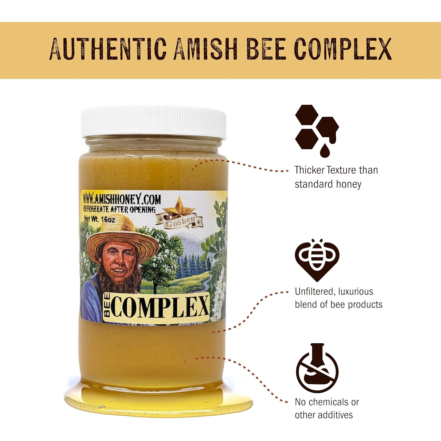 Goshen Amish Raw Honey Bee Complex - With 4 Types of Honey plus 4 Bee Hive Products - Unfiltered, Unprocessed, Pure & Natural Bee Essence - Wellness & Energy - Dairy & Gluten Free - 454g /16 Oz - Image 3