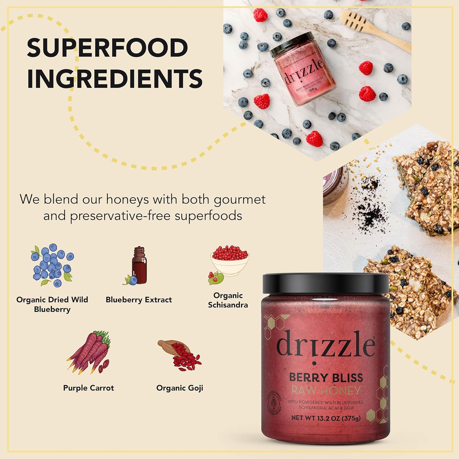 Drizzle Berry Bliss Raw Honey - All Natural Pure Raw Honey with Organic Blueberry, Unfiltered & Unheated, Use in Tea & Coffee, Sugar Substitute, Certified Kosher - 13.2 oz Jar (375 g) - Image 3