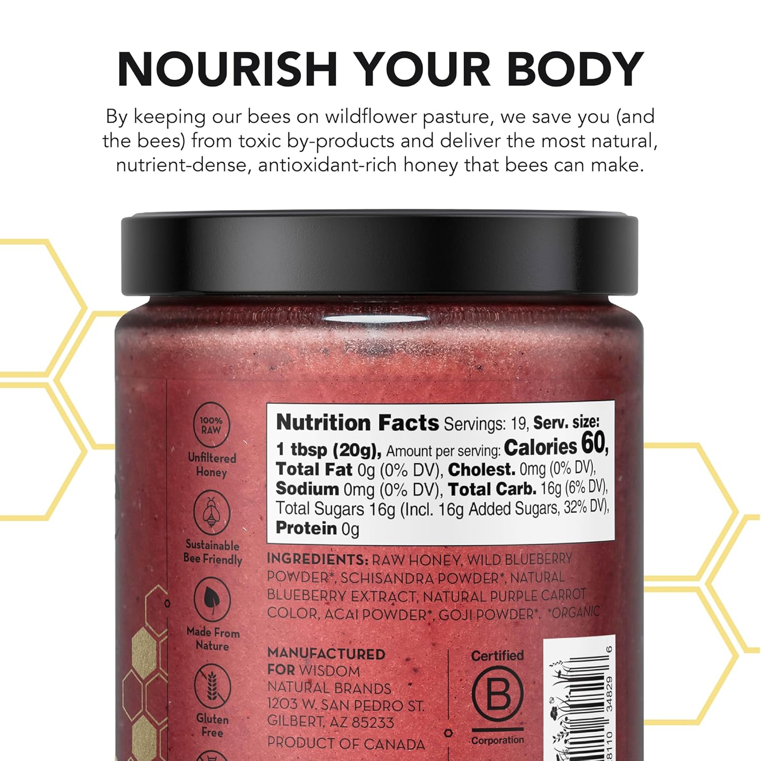 Drizzle Berry Bliss Raw Honey - All Natural Pure Raw Honey with Organic Blueberry, Unfiltered & Unheated, Use in Tea & Coffee, Sugar Substitute, Certified Kosher - 13.2 oz Jar (375 g) - Image 2