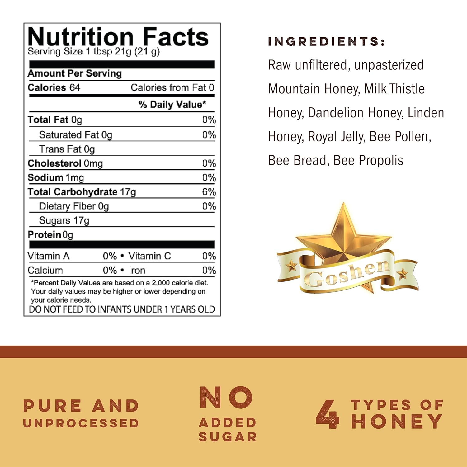 Goshen Amish Raw Honey Bee Complex - With 4 Types of Honey plus 4 Bee Hive Products - Unfiltered, Unprocessed, Pure & Natural Bee Essence - Wellness & Energy - Dairy & Gluten Free - 454g /16 Oz - Image 2