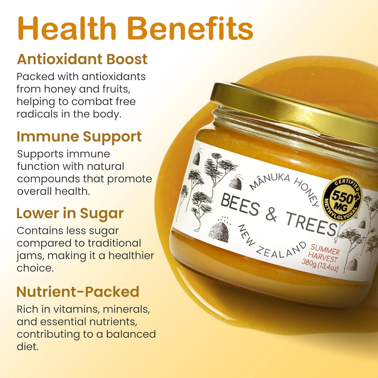 Bees & Trees Manuka Honey 550+ MGO - Raw Pure New Zealand Monofloral Honey – Unpasteurized & Natural Unfiltered Manuka for Tea, Coffee, Dressings, Smoothies & Daily Use – Glass Jar, 380g (13.4oz) - Image 3