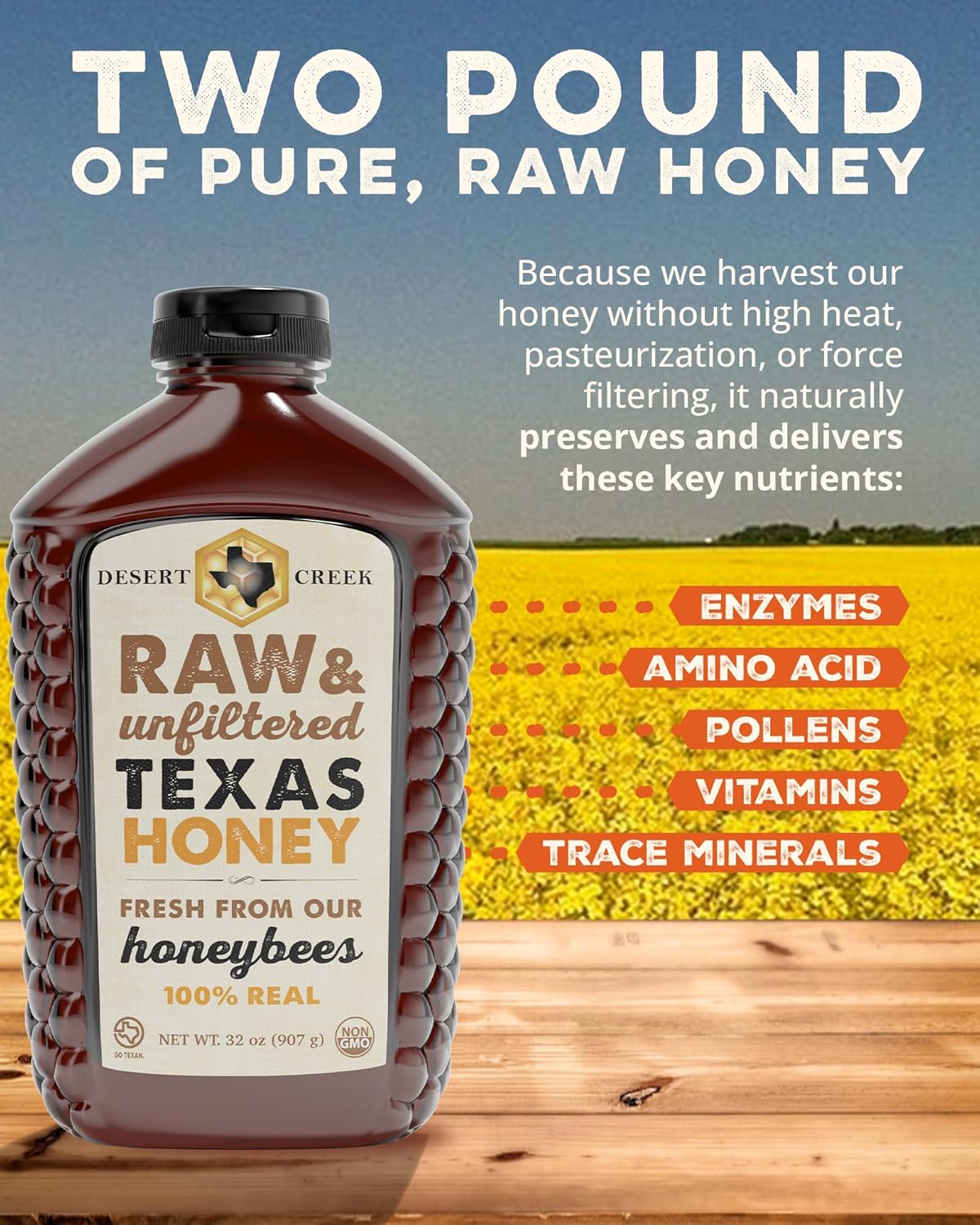 Desert Creek Honey - 100% Unfiltered, Pure, Raw Honey from Texas - Natural Sugar Substitute - Two Pounds of Unprocessed, Unpasteurized American Honey - Harvested by Our Own Beekeepers - Image 5