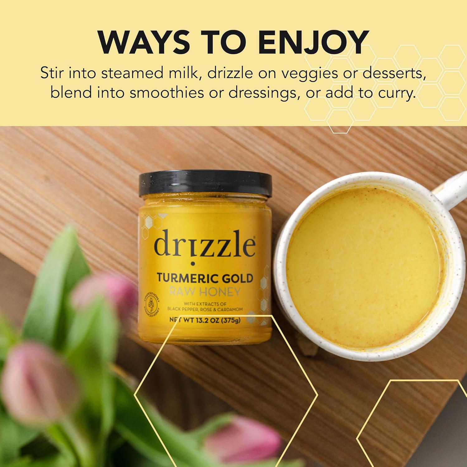 Drizzle Turmeric Gold Raw Honey - All Natural Pure Raw Honey with Organic Turmeric, Unfiltered, Use in Tea, Golden Milk, & Coffee, Sugar Substitute, Certified Kosher - 13.2 oz Jar (375 g) - Image 5