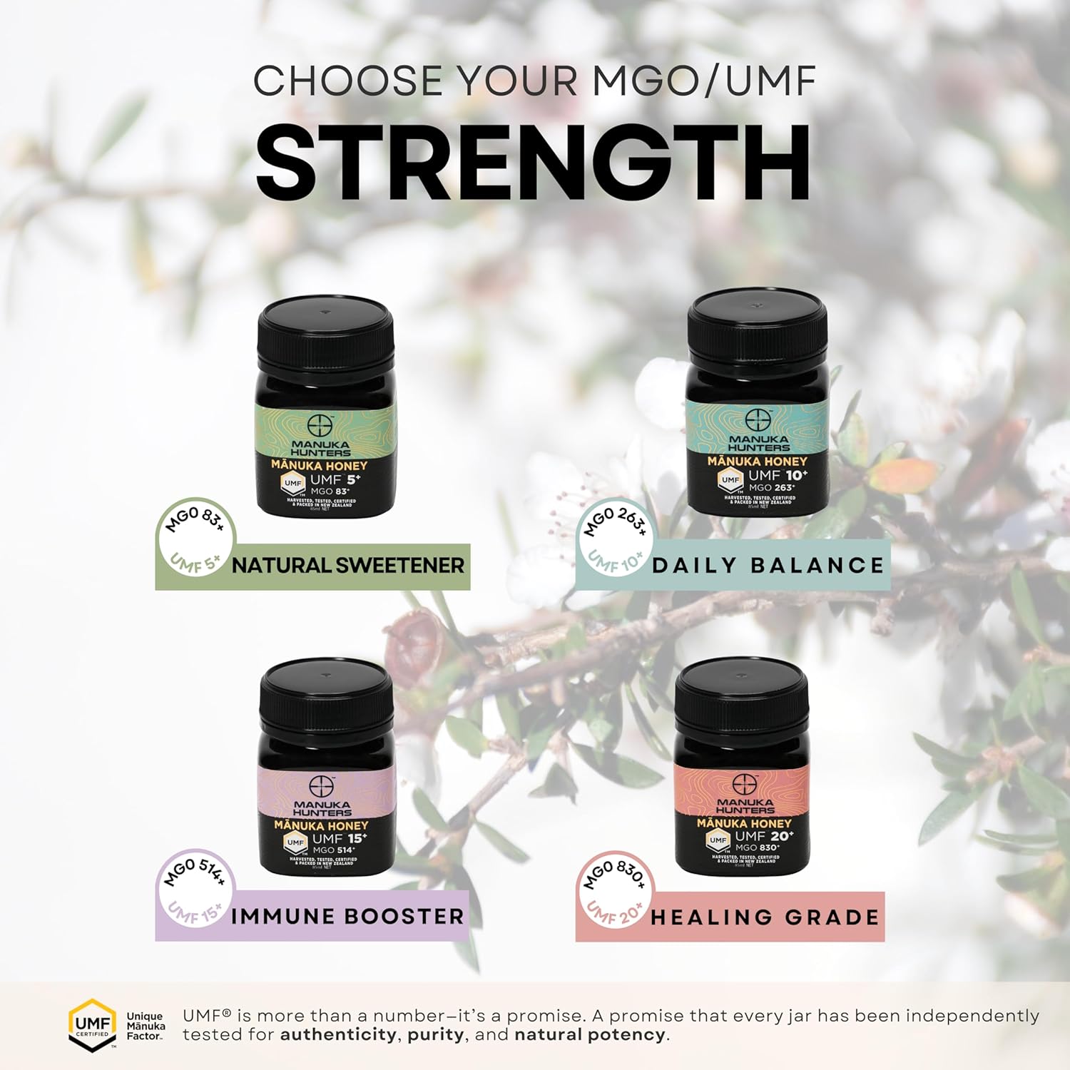 Manuka Hunters Raw New Zealand Honey Gift Set 4-Pack Honey Sampler with UMF 5+,10+,15+,20+ (125g = 85ml Each) – 100% Pure Natural Sweetener - Ideal for Tea, Coffee, Smoothies, Baking - Sustainable - Image 5