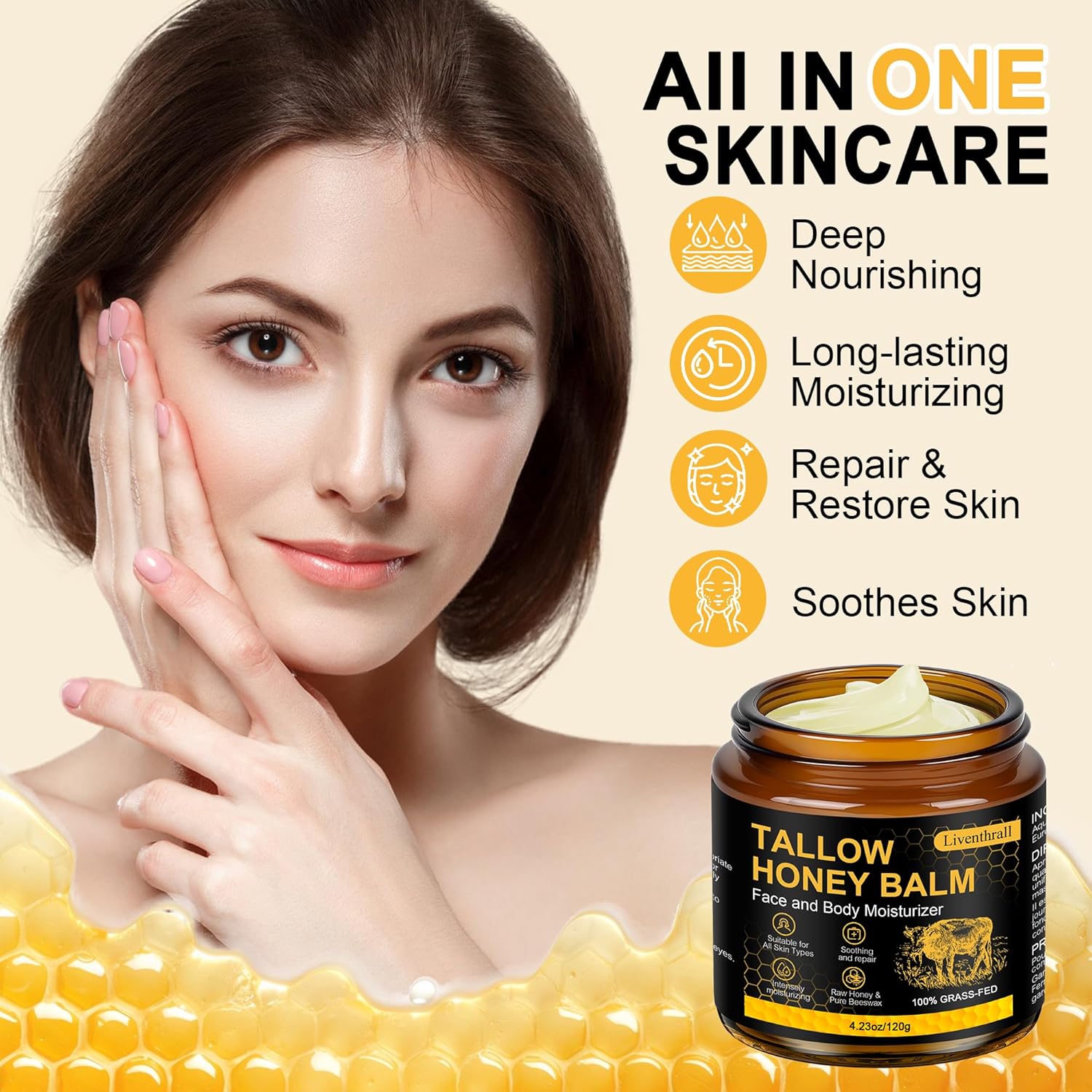 Organic Beef Tallow Honey Balm for Skin & Face, Whipped Beef Tallow Face Moisturizer with Raw Honey, Grass Fed Cow Beef Tallow Cream, All Natural Pure Body Lotion for Women & Men, Unscented 4.2 OZ - Image 2