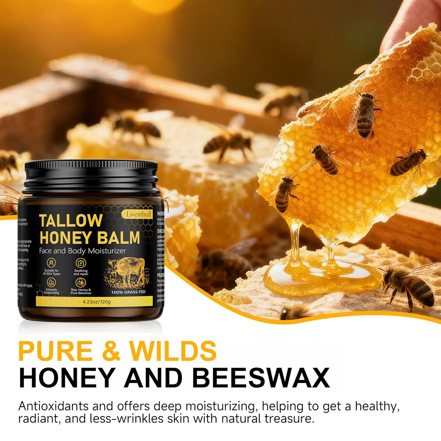 Organic Beef Tallow Honey Balm for Skin & Face, Whipped Beef Tallow Face Moisturizer with Raw Honey, Grass Fed Cow Beef Tallow Cream, All Natural Pure Body Lotion for Women & Men, Unscented 4.2 OZ - Image 6