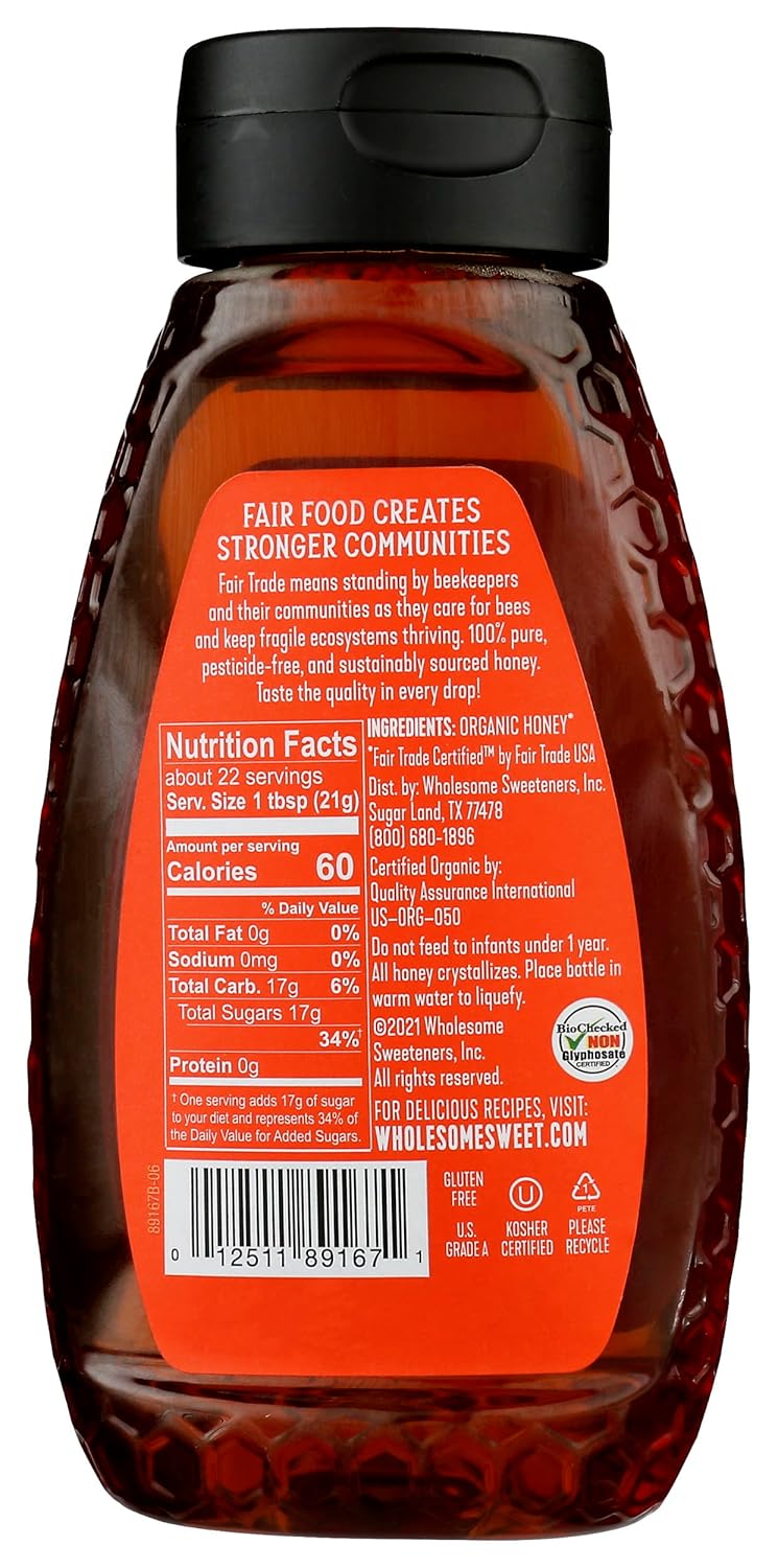 Wholesome Sweeteners 16-Ounce Organic Raw Unfiltered Honey Bottle, 100% Pure, Fair Trade Certified, Non GMO Project Verified, & Gluten Free, 1 Pack - Image 2