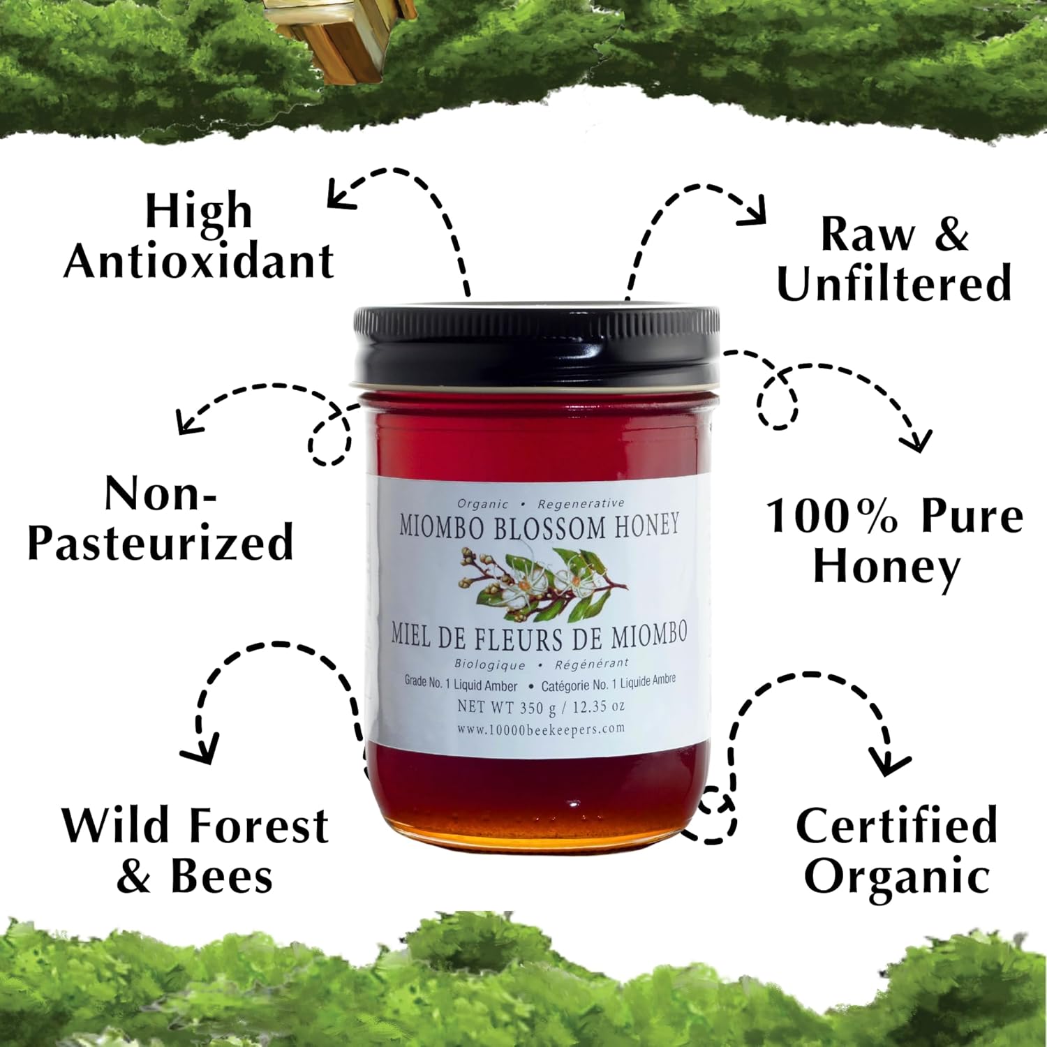 Miombo Blossom Organic Raw Honey in Glass Jar, Multifloral Organic Honey Harvested from Wild Raw Honeycomb, Unpasteurized Miel Cruda, 12.35oz - Image 4