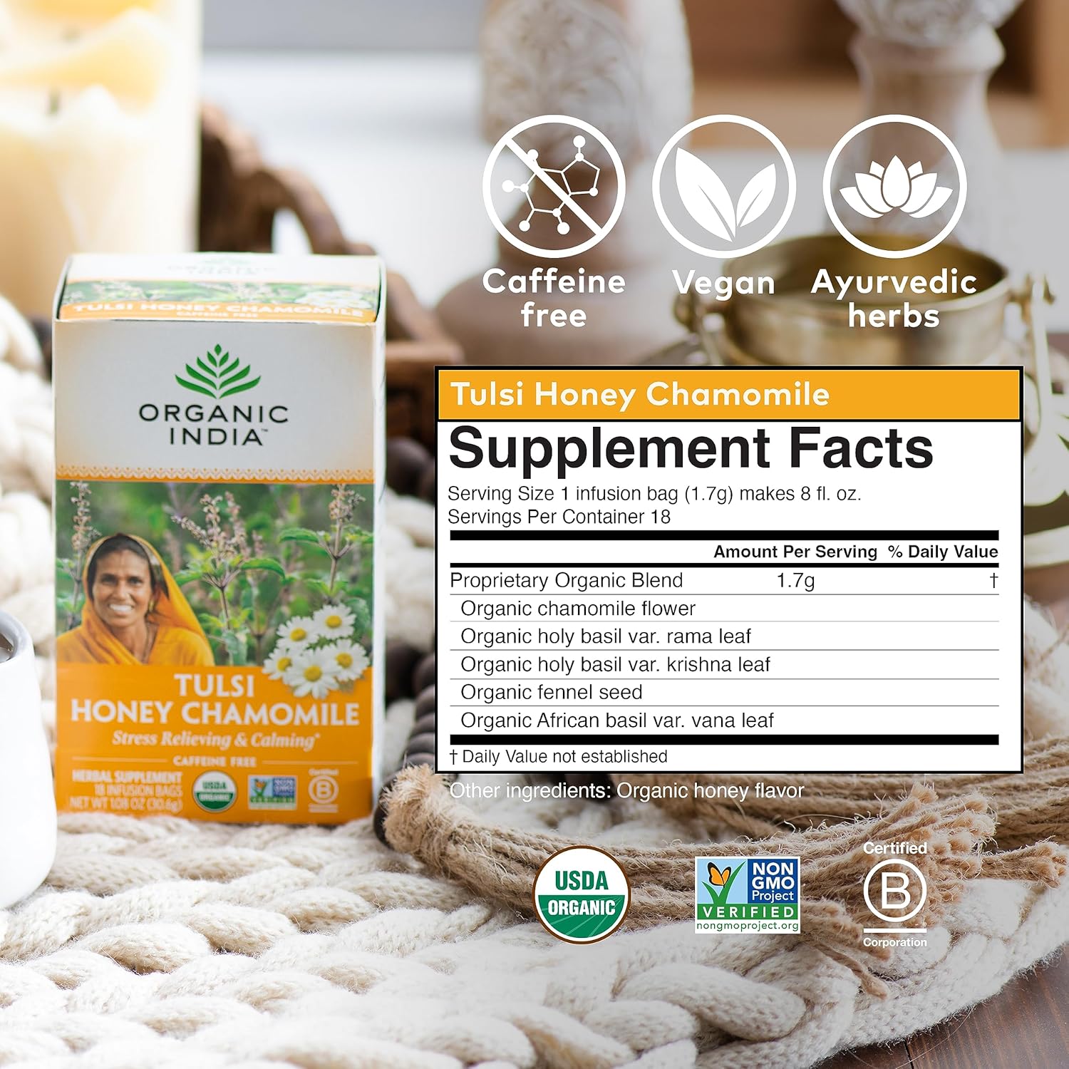 Organic India Tulsi Honey Chamomile Tea Bags - Herbal Tea for Stress Relieving & Calming, Immune Support, Adaptogen, Gluten-Free, USDA Certified Organic, Caffeine-Free - 18 Infusion Bags, 6 Pack - Image 6