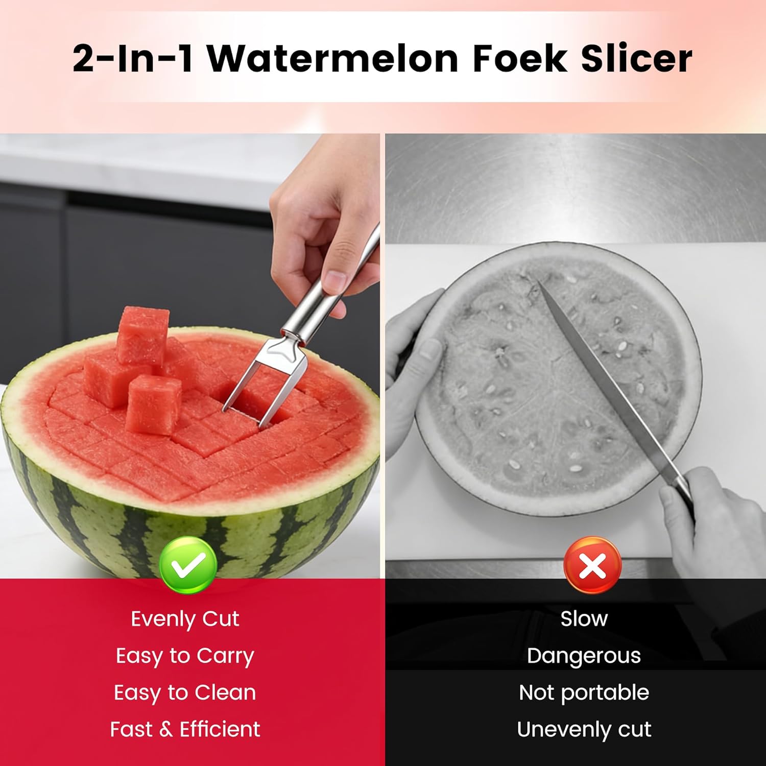 2-in-1 Stainless Steel Fruit Cutter, 2026 New Watermelon Fork Slicer Tool, Dual Head Watermelon Cutter Knife for Home Kitchen Gadget (2pcs) - Image 6
