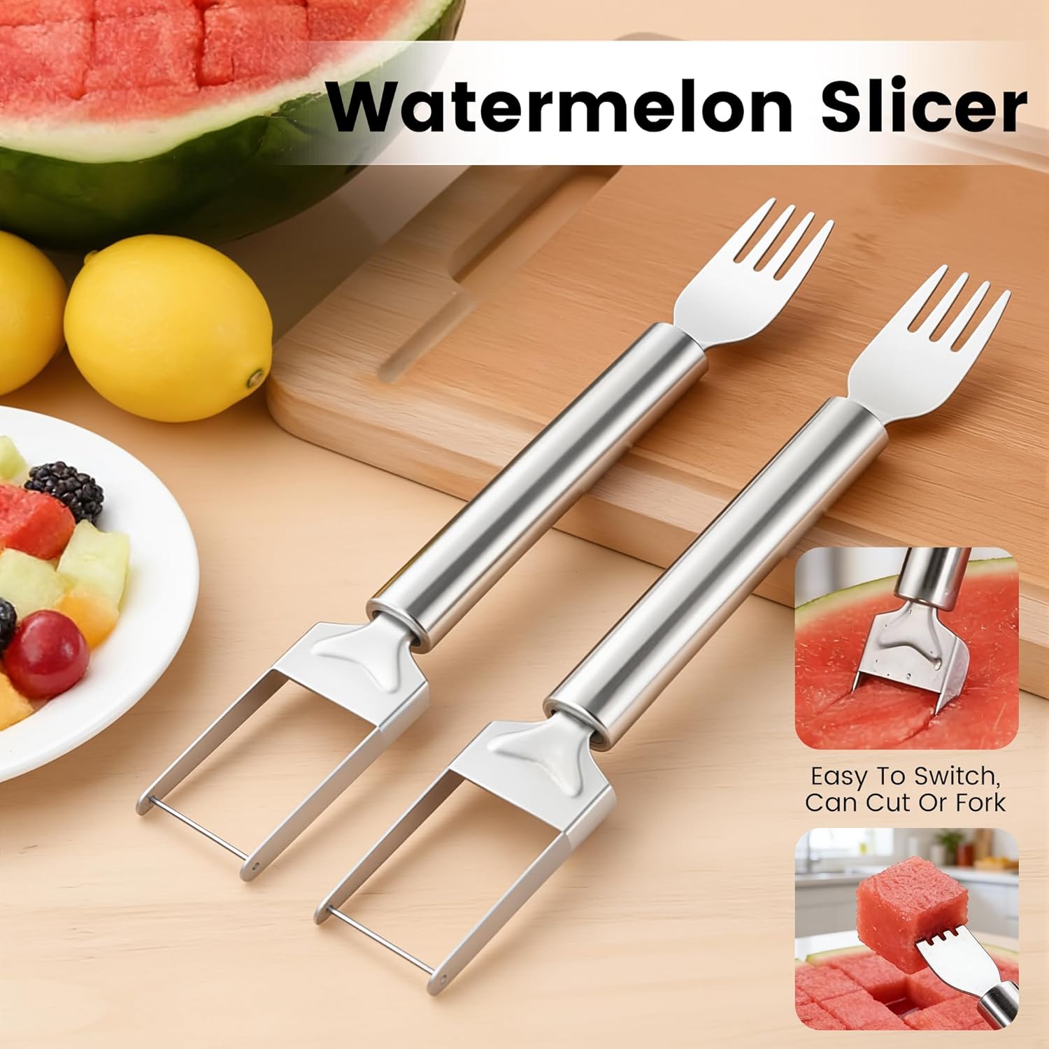 2-in-1 Stainless Steel Fruit Cutter, 2026 New Watermelon Fork Slicer Tool, Dual Head Watermelon Cutter Knife for Home Kitchen Gadget (3pcs) - Image 4
