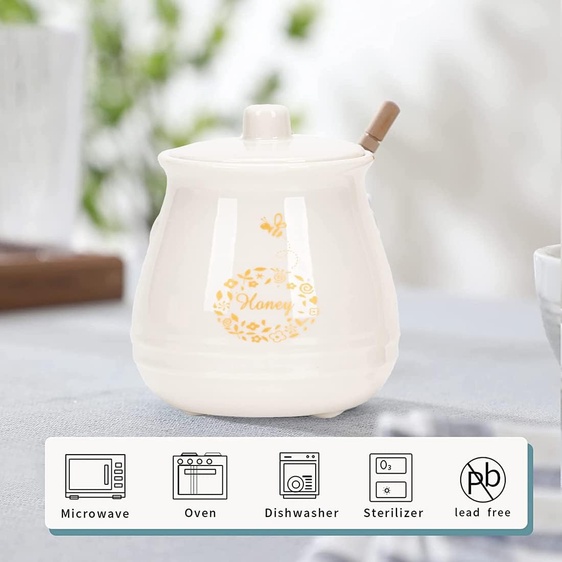 Ceramic Honey Jar with Wooden Honey Dipper-Honey Pot with Dipper- Honey Jar with Stand, Great Bee Decor- Farmhouse Kitchen Decor (Honey Jar-White) - Image 4