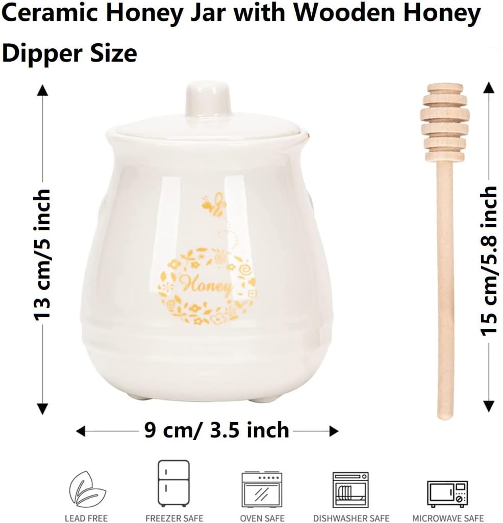 Ceramic Honey Jar with Wooden Honey Dipper-Honey Pot with Dipper- Honey Jar with Stand, Great Bee Decor- Farmhouse Kitchen Decor (Honey Jar-White) - Image 2