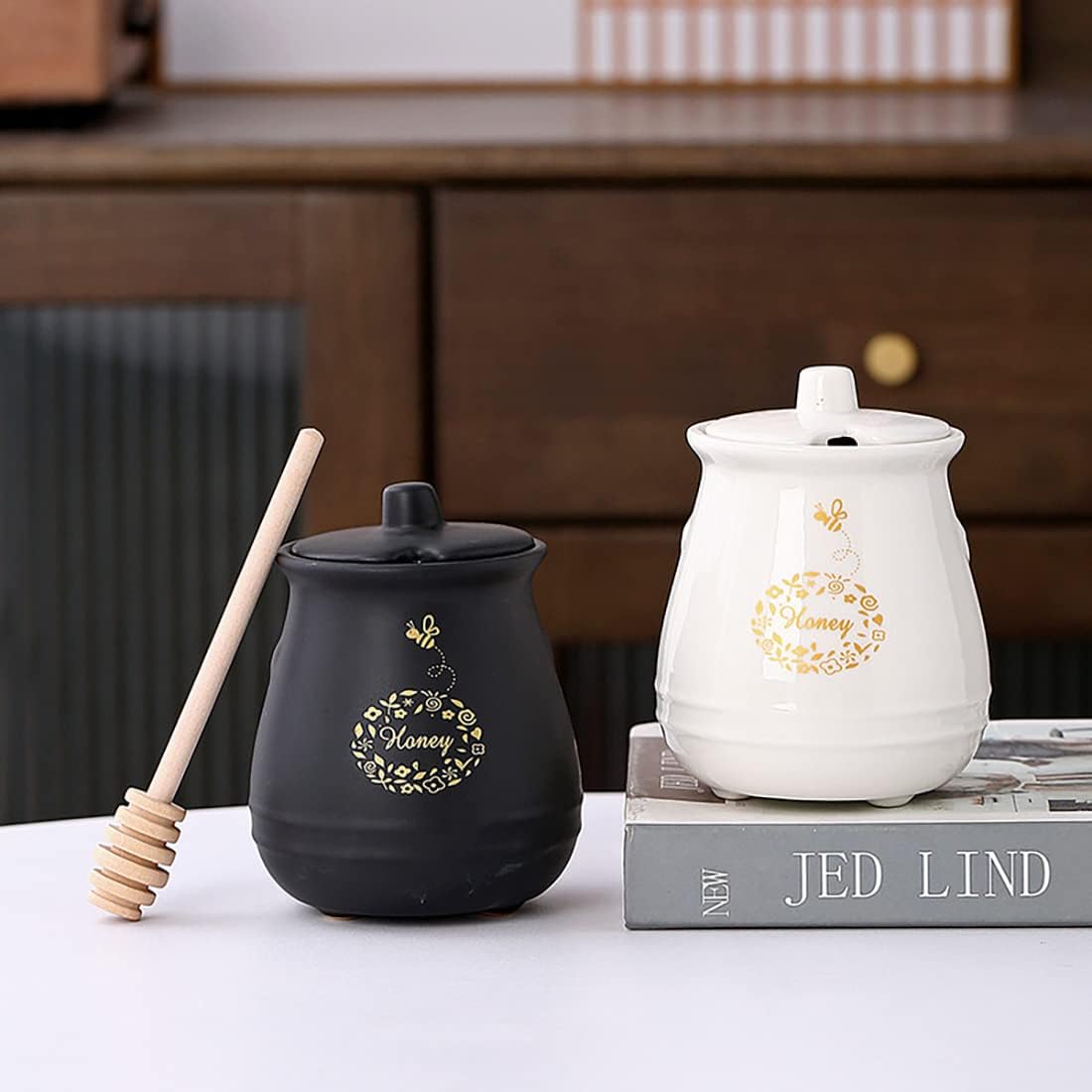 Ceramic Honey Jar with Wooden Honey Dipper-Honey Pot with Dipper- Honey Jar with Stand, Great Bee Decor- Farmhouse Kitchen Decor (Honey Jar-White) - Image 8