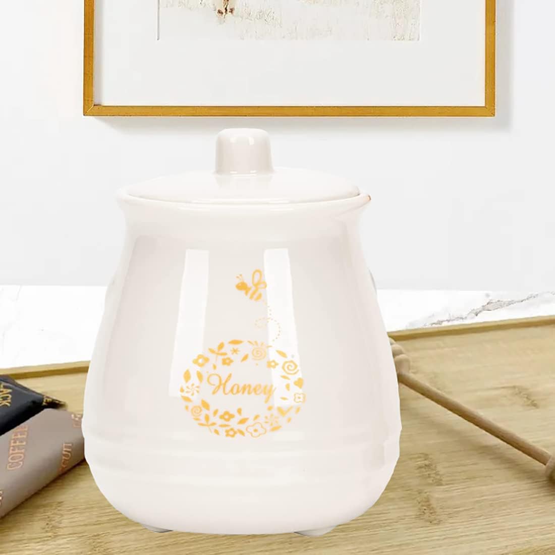 Ceramic Honey Jar with Wooden Honey Dipper-Honey Pot with Dipper- Honey Jar with Stand, Great Bee Decor- Farmhouse Kitchen Decor (Honey Jar-White) - Image 7