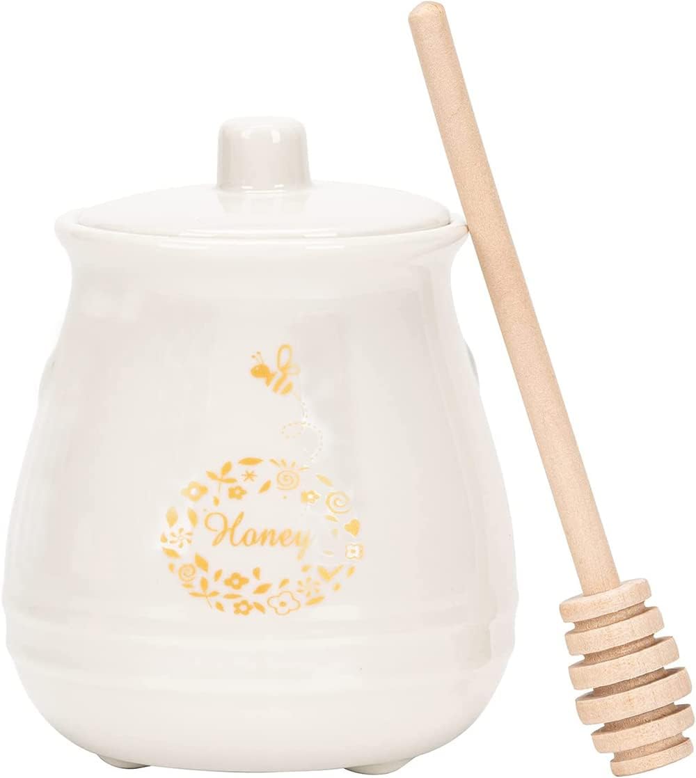 Ceramic Honey Jar with Wooden Honey Dipper-Honey Pot with Dipper- Honey Jar with Stand, Great Bee Decor- Farmhouse Kitchen Decor (Honey Jar-White) - Image 3