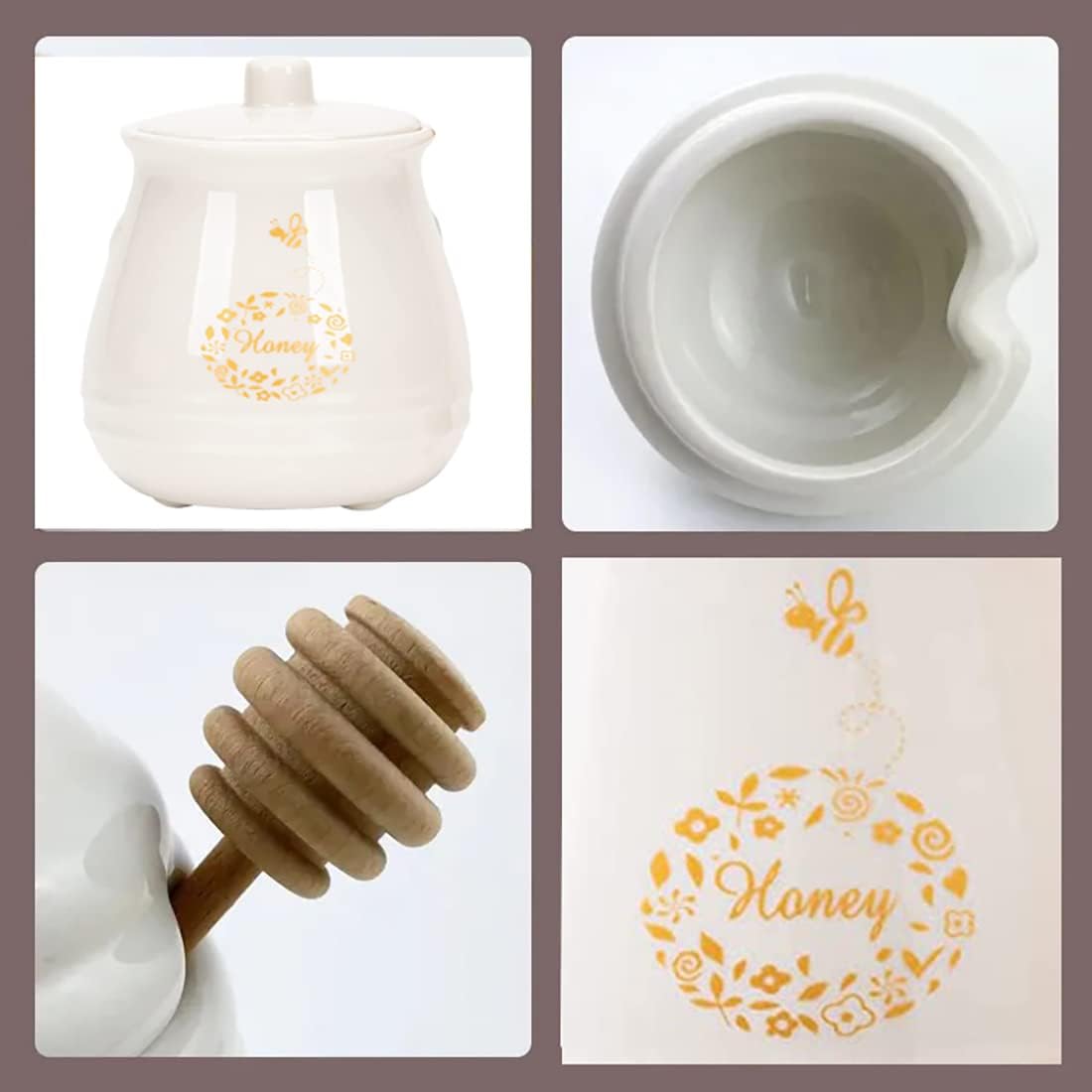 Ceramic Honey Jar with Wooden Honey Dipper-Honey Pot with Dipper- Honey Jar with Stand, Great Bee Decor- Farmhouse Kitchen Decor (Honey Jar-White) - Image 5