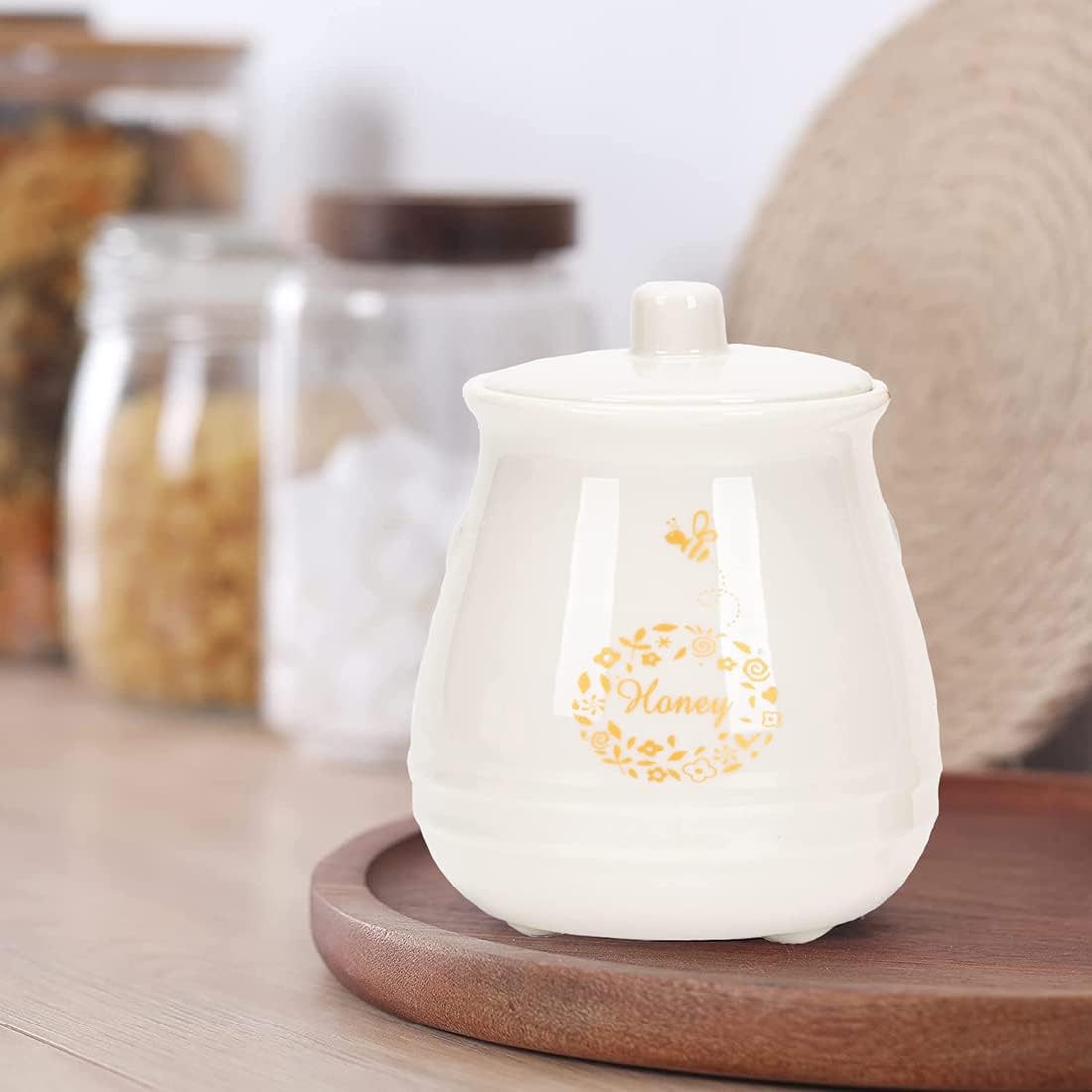Ceramic Honey Jar with Wooden Honey Dipper-Honey Pot with Dipper- Honey Jar with Stand, Great Bee Decor- Farmhouse Kitchen Decor (Honey Jar-White) - Image 6