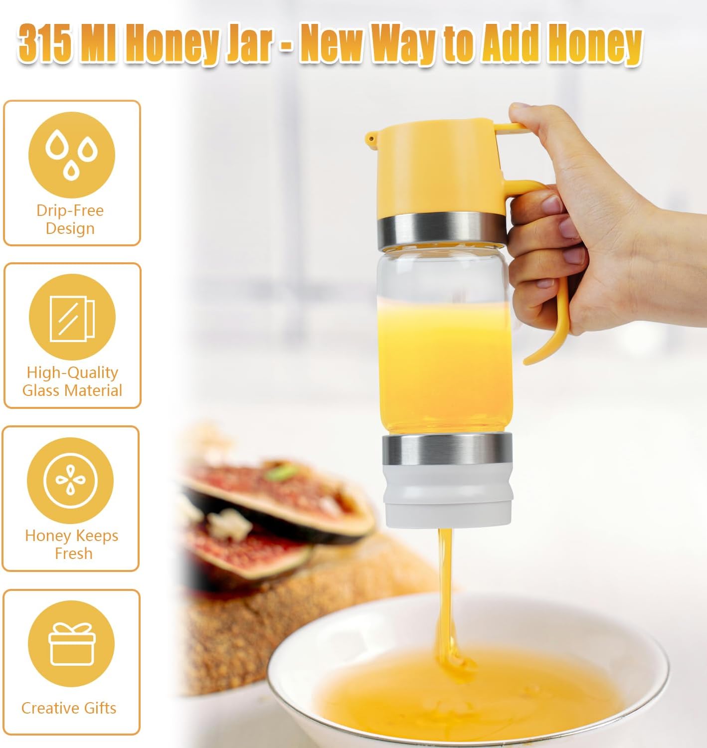 Honey Dispenser No Drip with Stand, 12 OZ Glass Honey Jar, Syrup Dispenser, Easy One Hand Use Honey Pot for Coffee or Tea, Mess Free Honey Dispenser for Syrup, Honey Container (2PCS Yellow) - Image 2