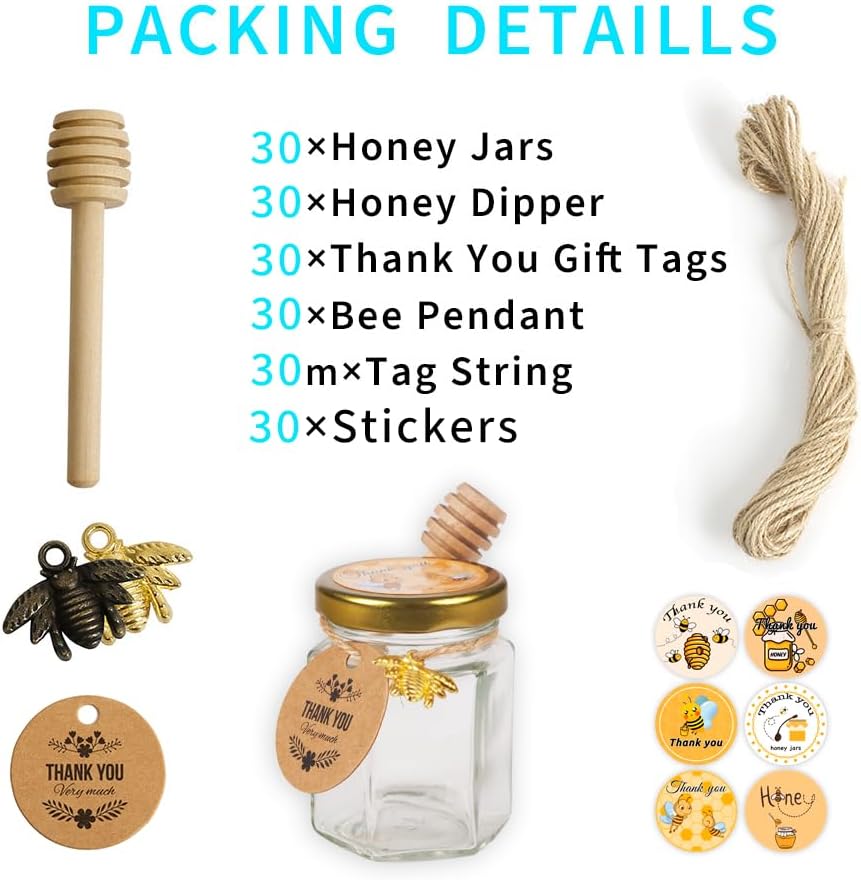 3OZ Mini Glass Hexagon Honey jars 30Packs - Gold Lid, Small Wooden honey dipper, Bee Charms, Thank You Gift Tags, Stickers, Jute - Baby Shower Thank You Party Wedding Favors Gifts (Circular Tag) - Image 2