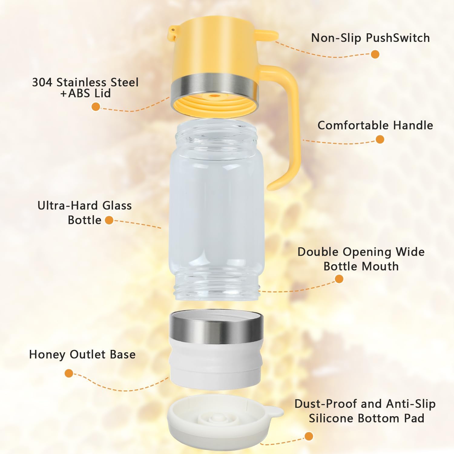 Honey Dispenser No Drip with Stand, 12 OZ Glass Honey Jar, Syrup Dispenser, Easy One Hand Use Honey Pot for Coffee or Tea, Mess Free Honey Dispenser for Syrup, Honey Container (2PCS Yellow) - Image 8