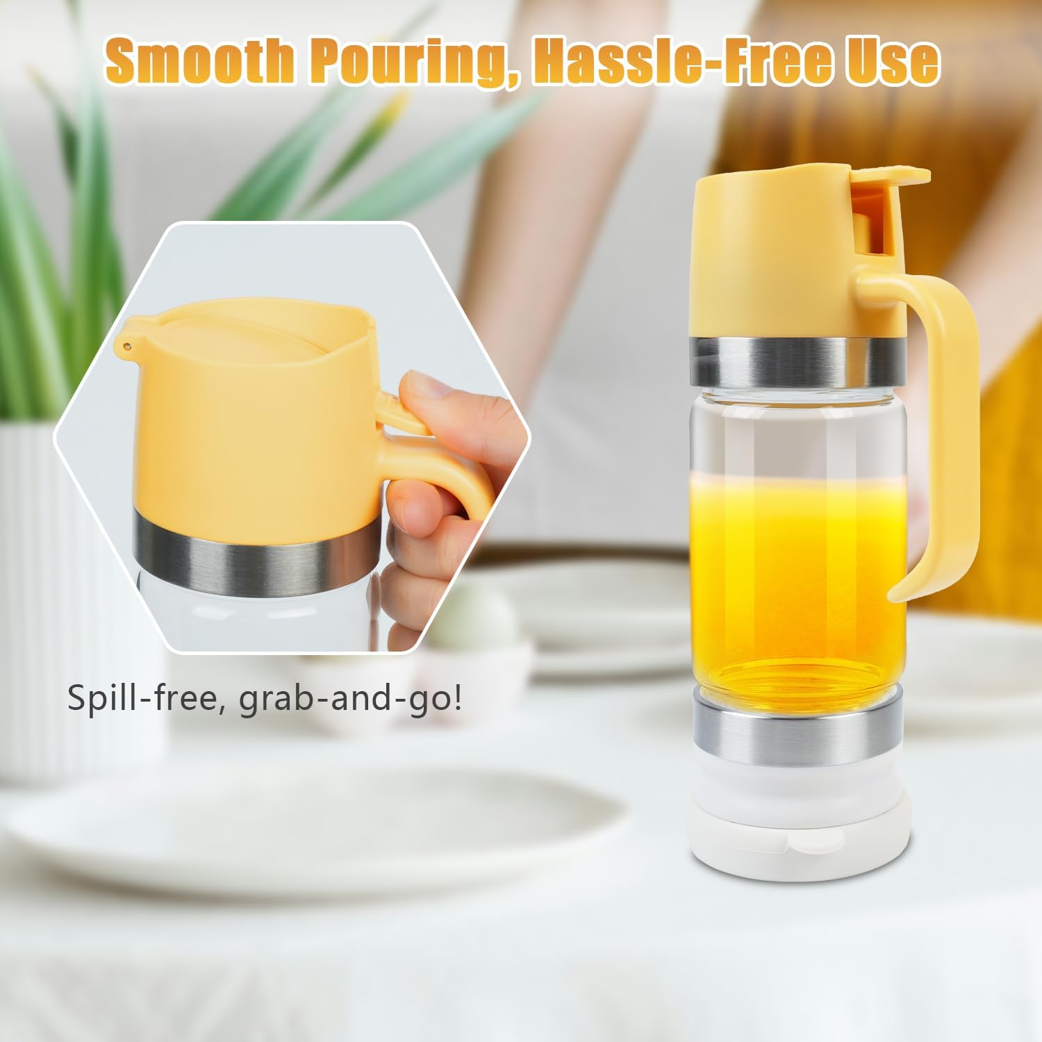 Honey Dispenser No Drip with Stand, 12 OZ Glass Honey Jar, Syrup Dispenser, Easy One Hand Use Honey Pot for Coffee or Tea, Mess Free Honey Dispenser for Syrup, Honey Container (2PCS Yellow) - Image 3