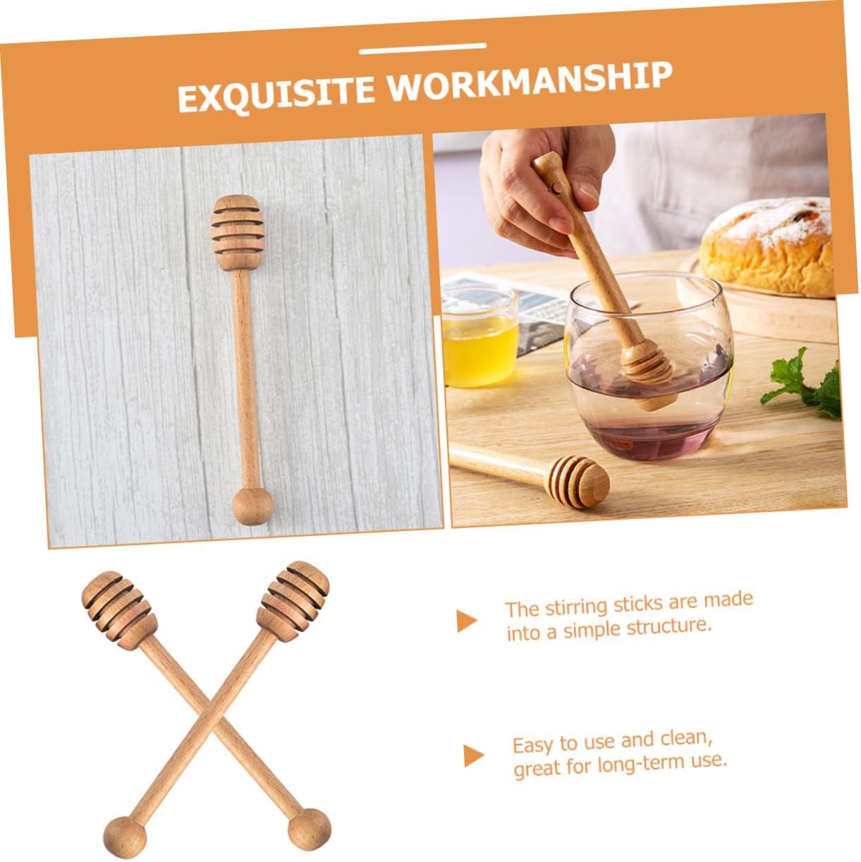 2pcs Wooden Honey Dippers Portable Stirring Sticks for Honey Syrup Jam Mixing for Household Use Easy to Clean - Image 6