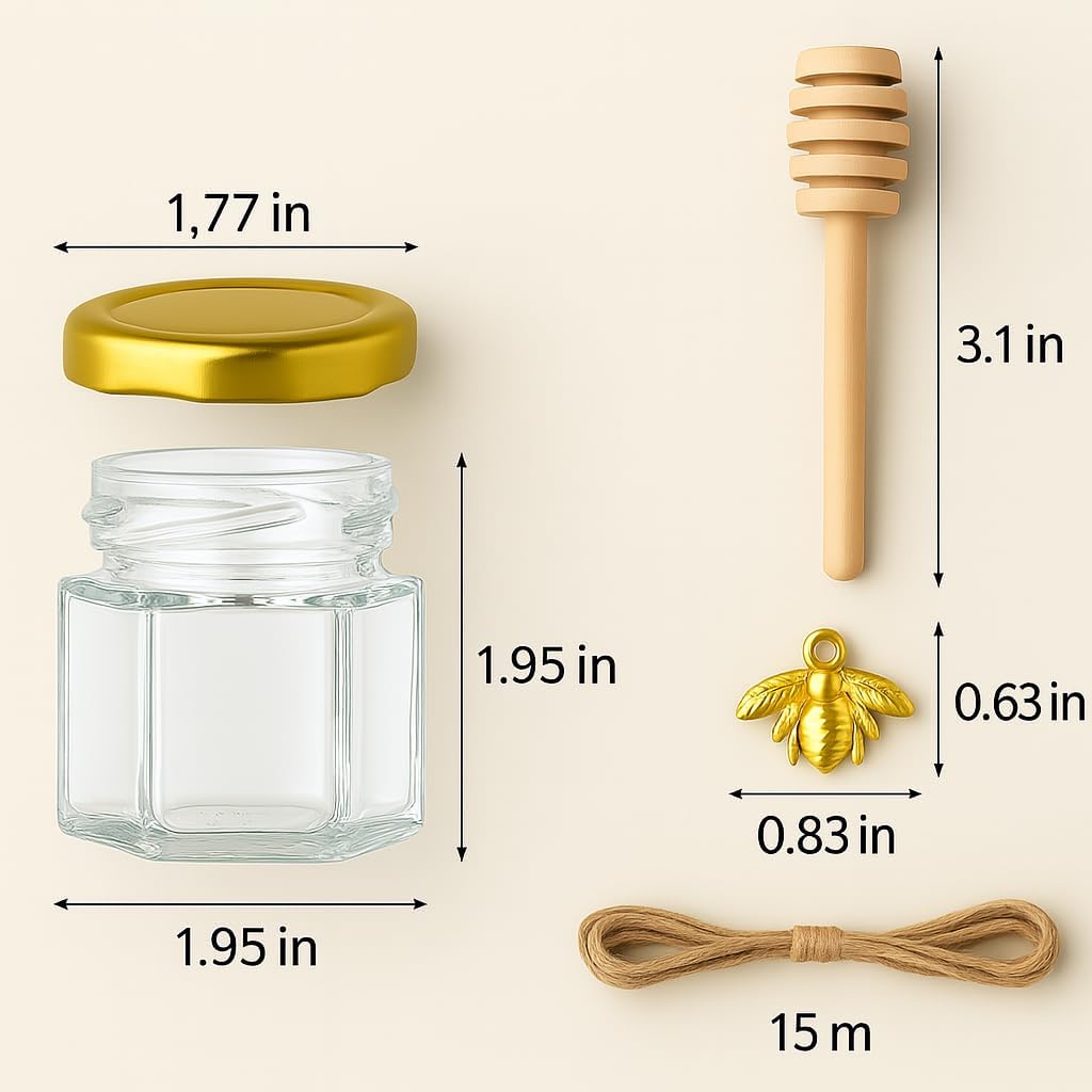 50 Pack 1.5 oz Hexagonal Glass Honey Jars in Bulk with Wooden Dipper Bee Charms Thank You Cards Burlap Fabric Twine String for Baby Shower Wedding Party Favors Gifts - Image 2