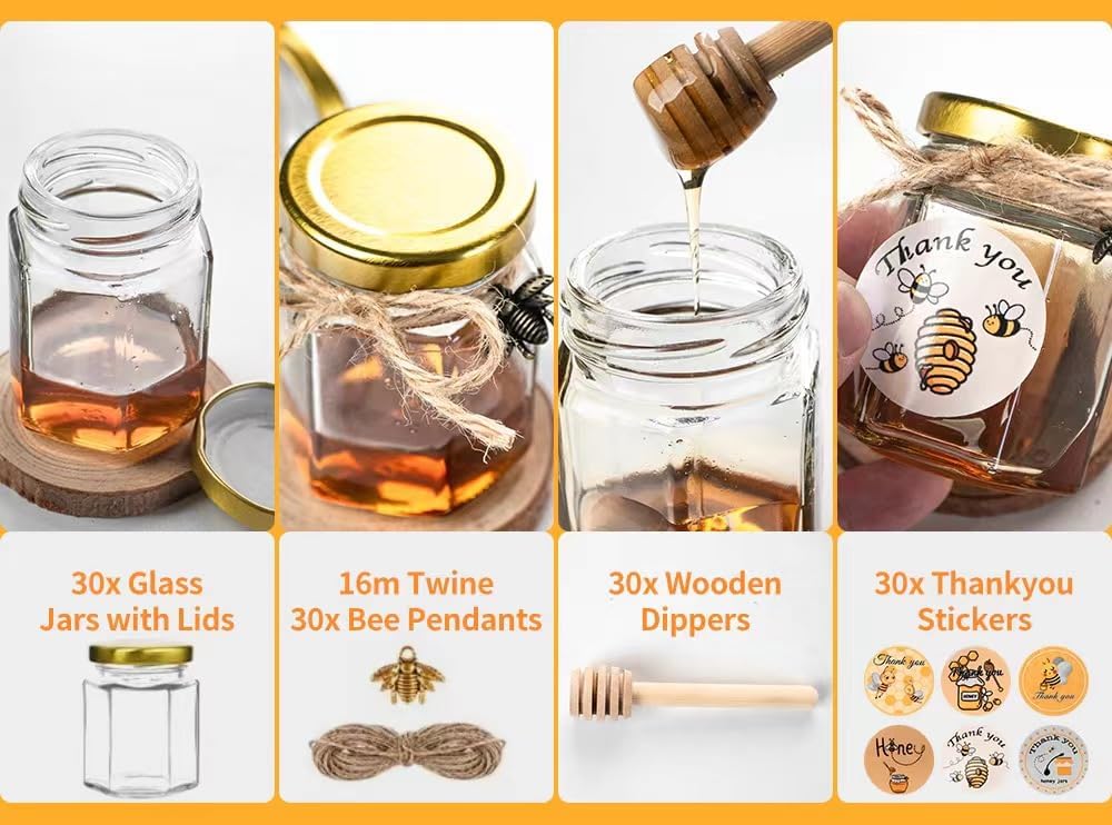 3OZ Mini Glass Hexagon Honey jars 30Packs - Gold Lid, Small Wooden honey dipper, Bee Charms, Thank You Gift Tags, Stickers, Jute - Baby Shower Thank You Party Wedding Favors Gifts (Circular Tag) - Image 5