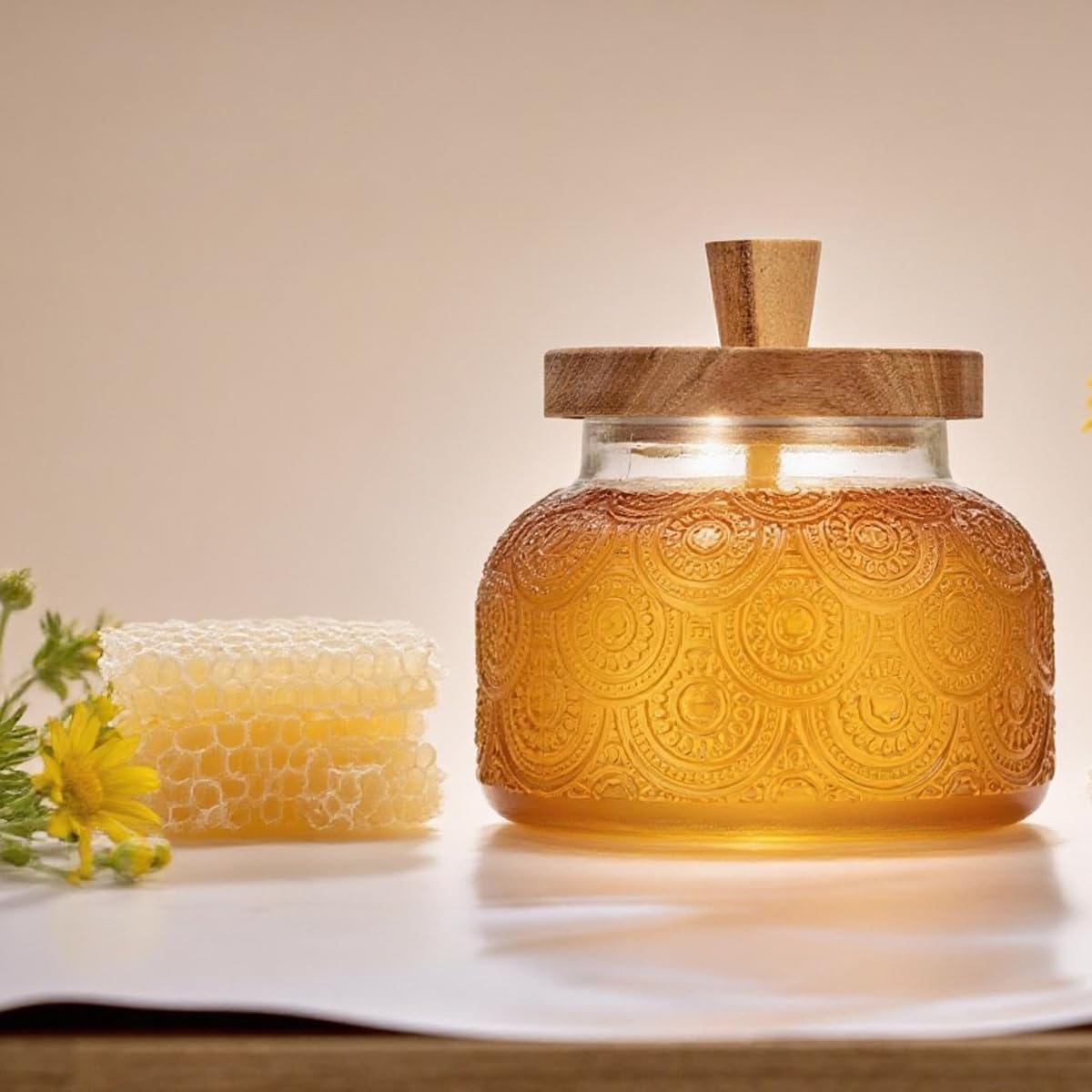 30OZ Honey Jar with Dipper and Lid, Airtight Glass Honey Pot,Honey Dispenser no Drip for Tea Time & Gifting, Elegant Honeycomb Honey Jar - Honey Pot Bottle for Maple Syrup Bee - Image 4