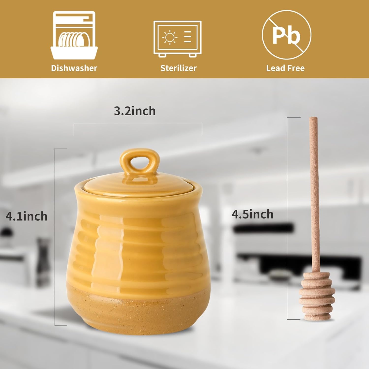HASENSE Ceramic Honey Pot With Lid, 12 Ounce Honey Jar and Wooden Dipper, Cute HoneyDish for Home Kitchen Coffee Bar Decor, Dishwasher Safe, Yellow - Image 4