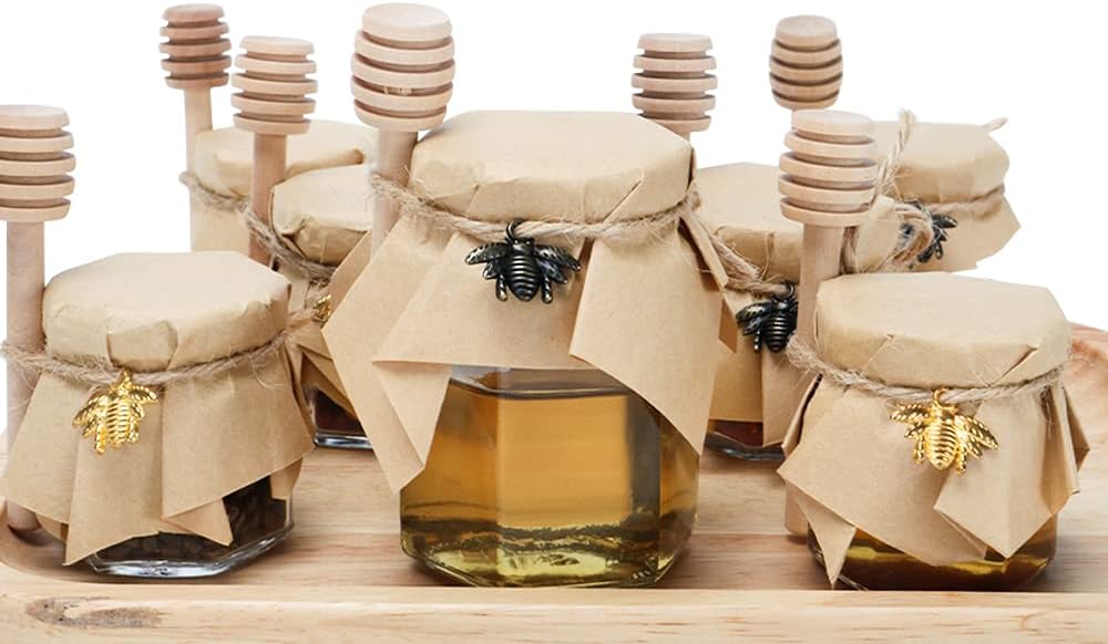 24Pack 1.5oz Mini Glass Hexagon Honey jars - Gold Lid, Small Wooden honey dipper, Bee Charms, Thank You Gift Tags, Jute - Baby Shower Thank You Party Wedding Favors Gifts (Golden) - Image 4