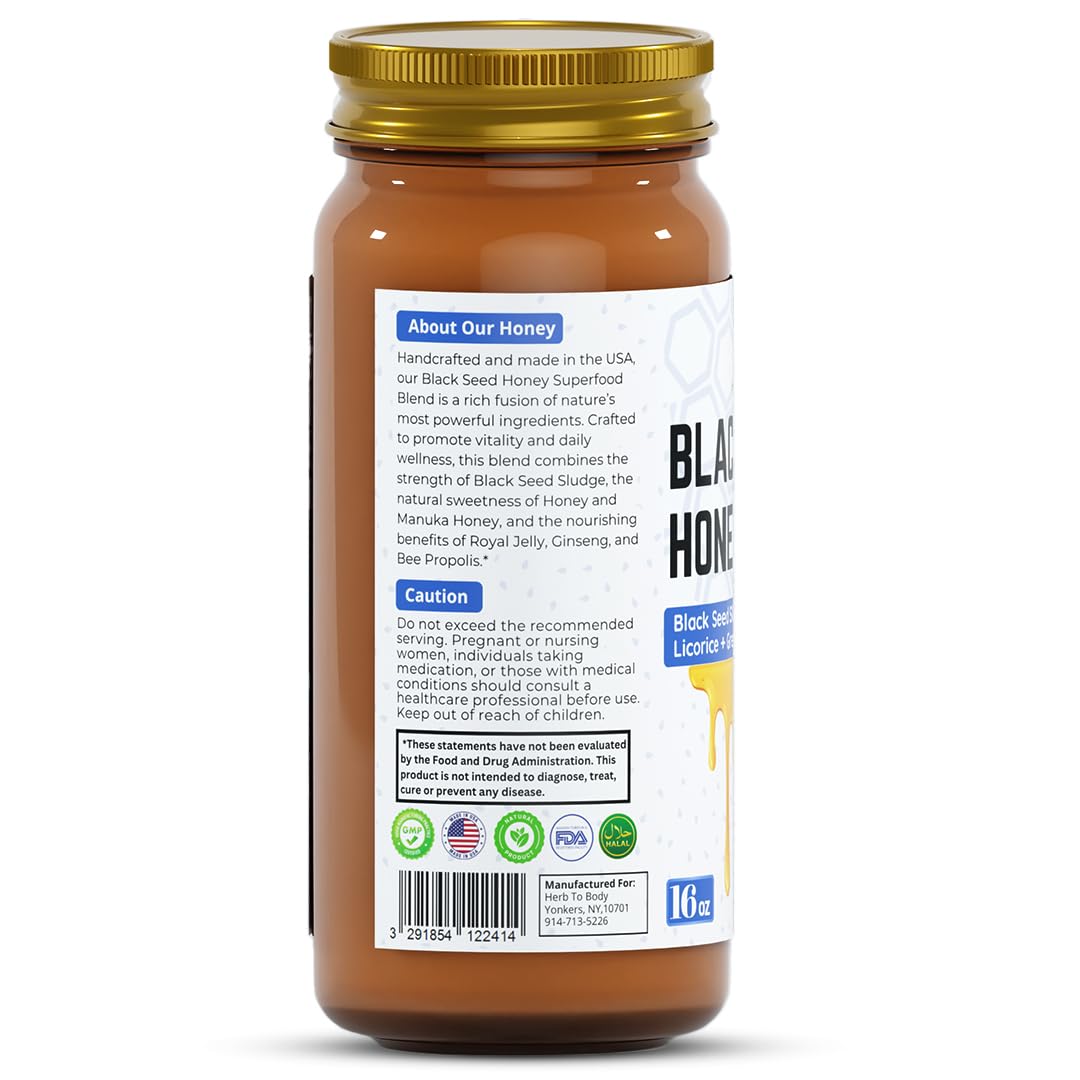 Herb To Body Black Seed Honey 16oz - Premium Superfood Blend with Organic Manuka Honey, Royal Jelly, Ginseng, Bee Propolis & Licorice, Gluten Free, Non GMO, Immune Booster - Image 3