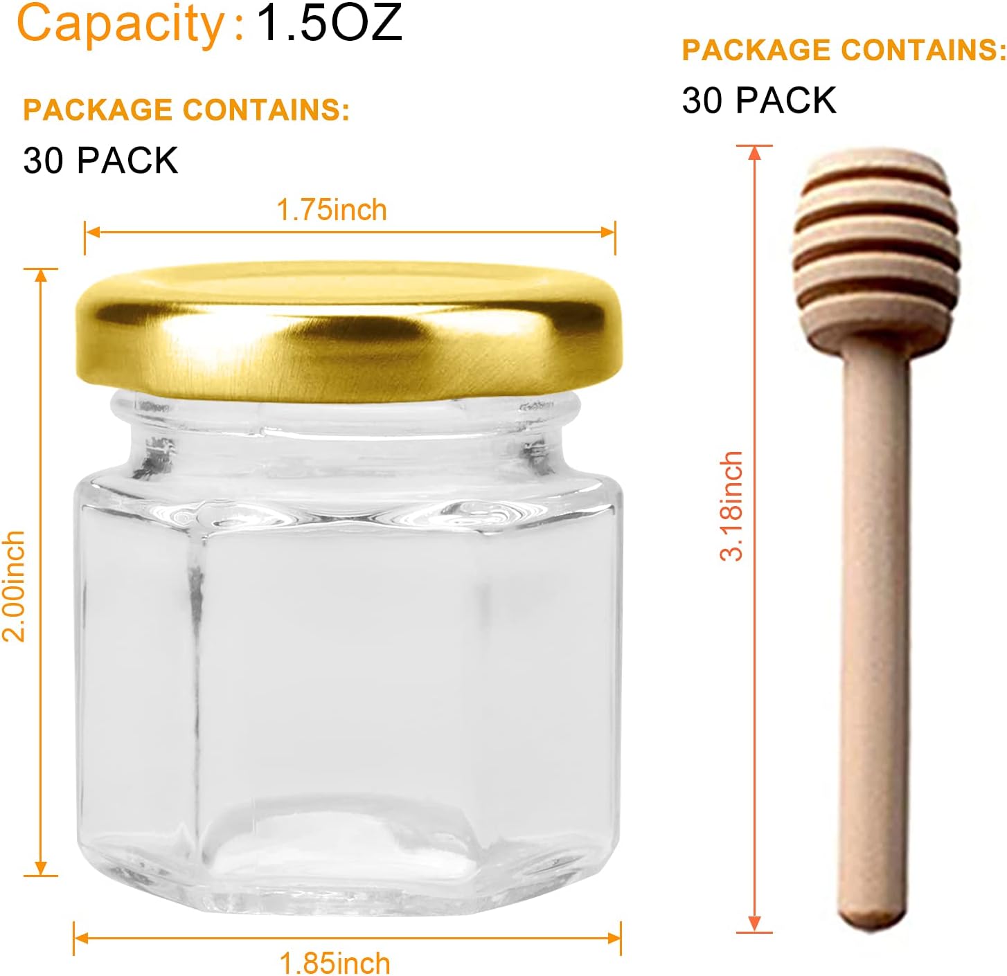 30 Pack 1.5 oz Mini Honey Jars,Hexagon Mini Glass Honey Jars with Gold Lids,Small honey Jar with dipper for Party Favors, Wedding Favors,Jams - Image 2