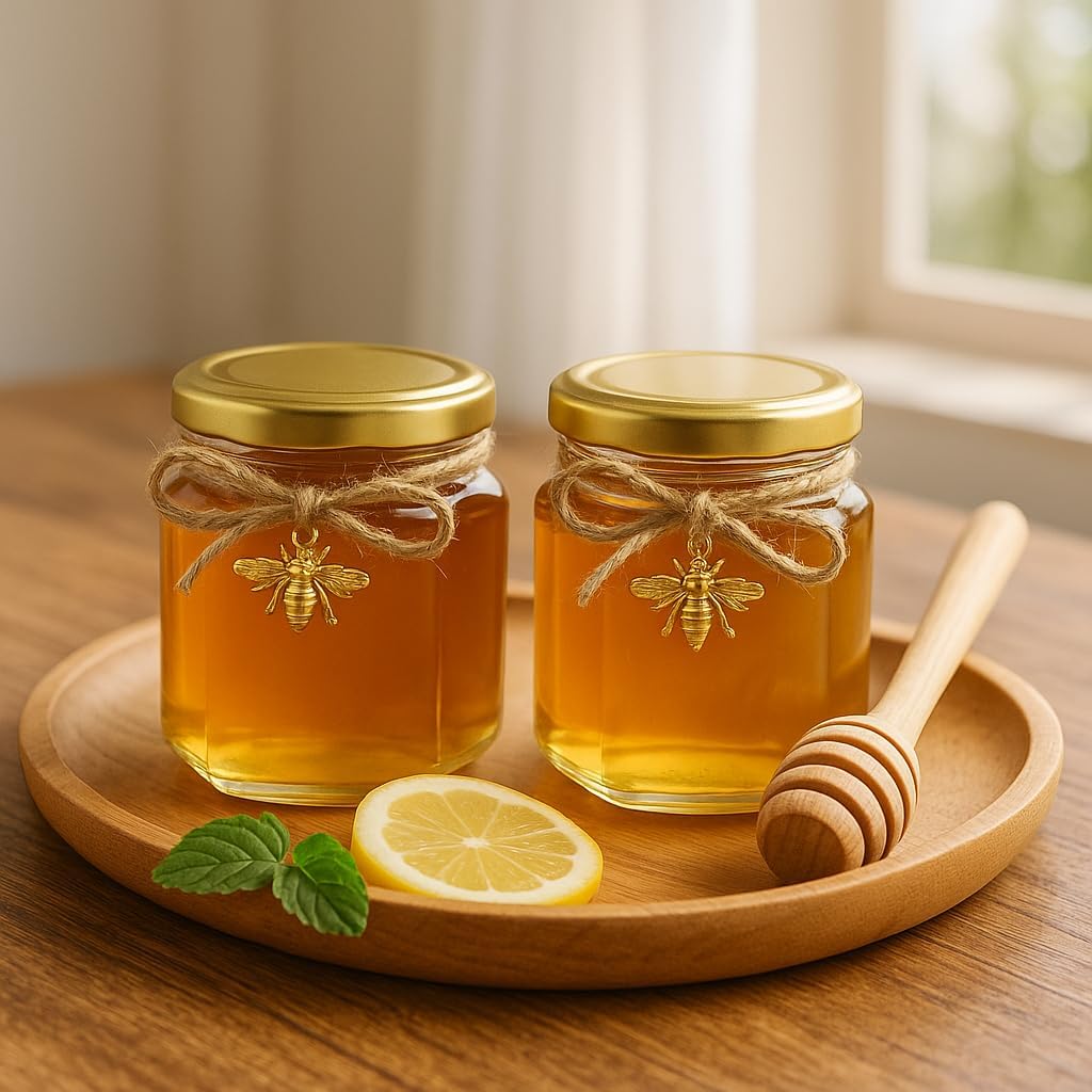 50 Pack 1.5 oz Hexagonal Glass Honey Jars in Bulk with Wooden Dipper Bee Charms Thank You Cards Burlap Fabric Twine String for Baby Shower Wedding Party Favors Gifts - Image 3