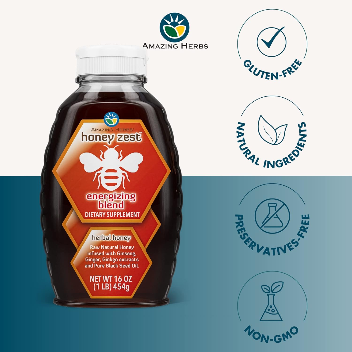 Amazing Herbs Raw Natural Honey - Herbal Honey Infused with Ginseng, Ginger, Ginkgo Extracts & Pure Black Seed Oil, Non GMO, Gluten Free Immune Booster - Honeyzest Energizing Blend, 16 Fl Oz - Image 3