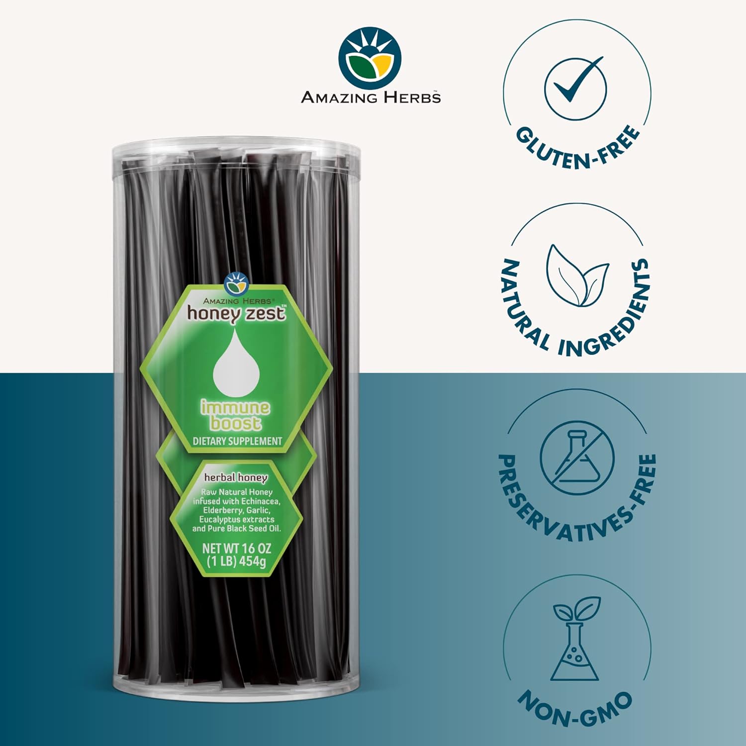 Amazing Herbs Raw Natural Honey - Herbal Honey Infused with Echinacea, Elderberry, Garlic, Eucalyptus Extracts & Pure Black Seed Oil, Non GMO, Gluten Free - Honeyzest Immune Boost Straws, 100 Count - Image 5