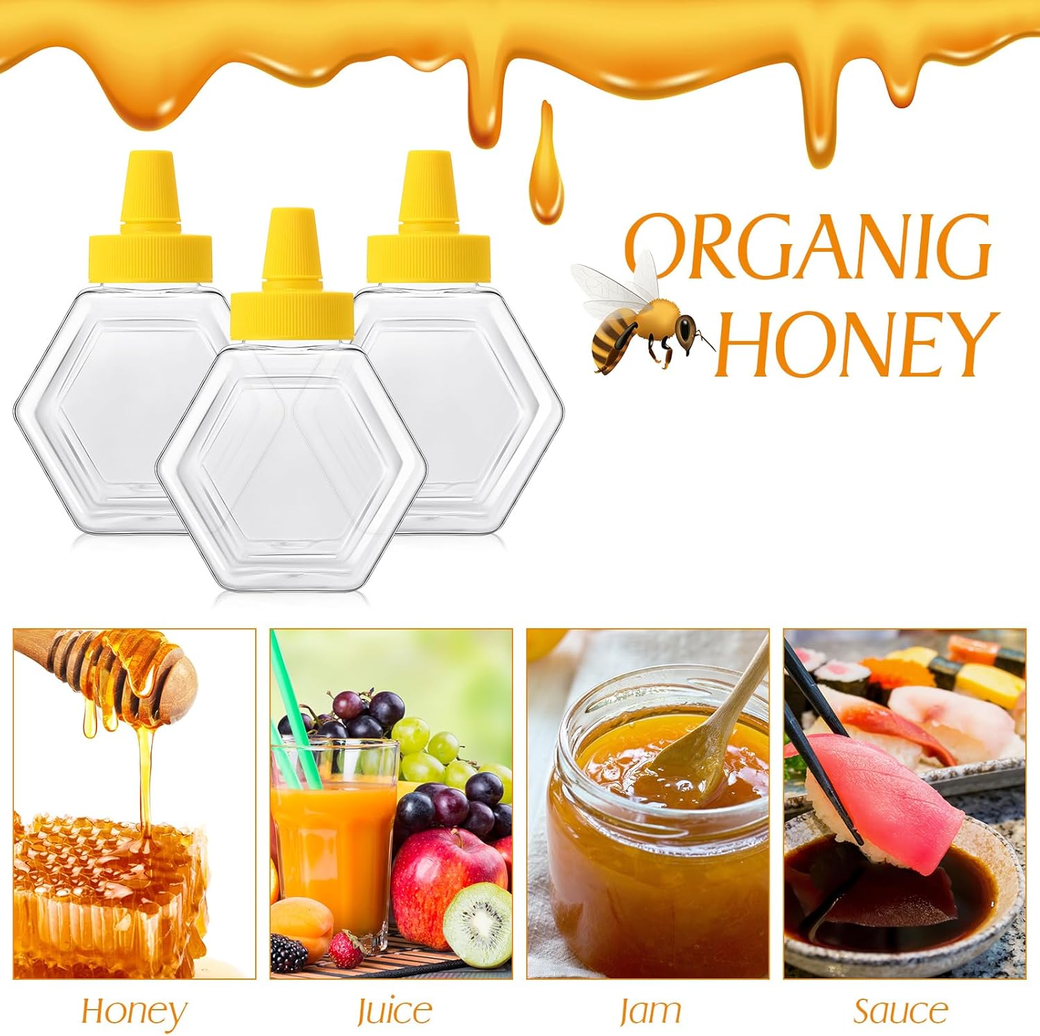 32 Pcs 7 oz Honey Squeeze Bottle Plastic Empty Beehive Bottle Jar with Spout Lid Clear Refillable Honey Containers for Condiment Storing and Dispensing Dispenser (Hexagon) - Image 4