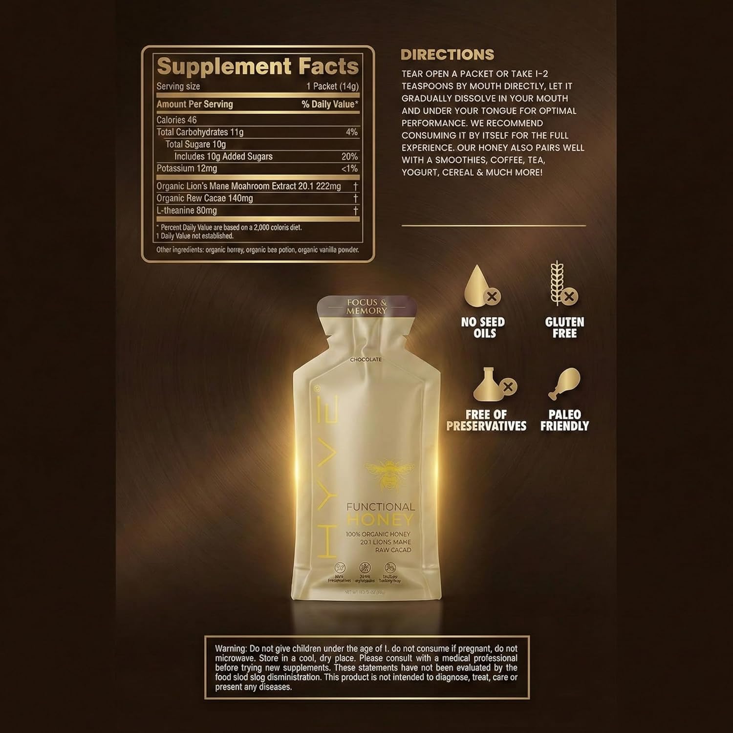 HYVE Mind Functional Honey – Focus & Memory Organic Honey with Lion's Mane Mushrooms, Raw Cacao, Bee Pollen & L-Theanine – Cognitive Support, 15 Packets - Image 2