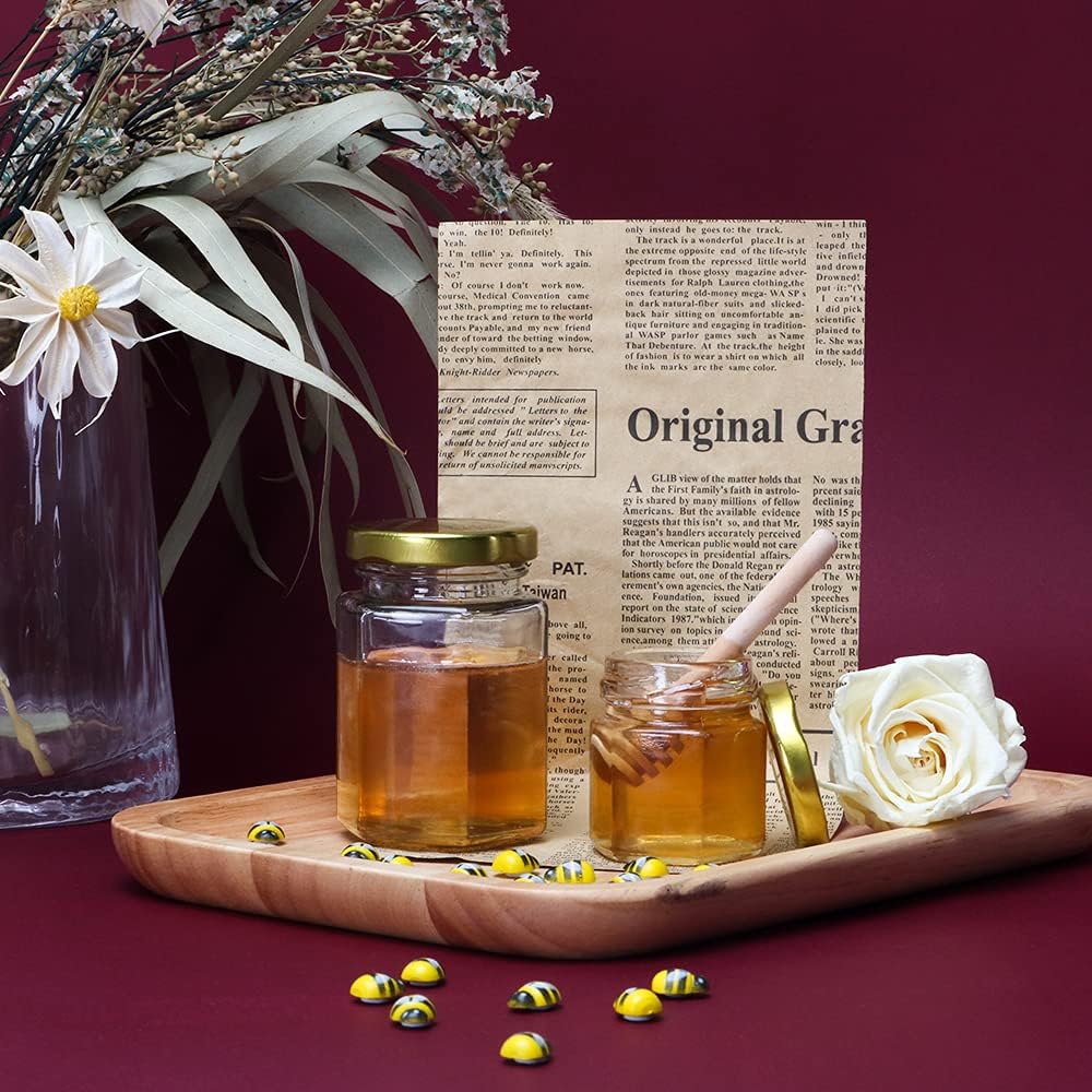 24Pack 1.5oz Mini Glass Hexagon Honey jars - Gold Lid, Small Wooden honey dipper, Bee Charms, Thank You Gift Tags, Jute - Baby Shower Thank You Party Wedding Favors Gifts (Golden) - Image 2