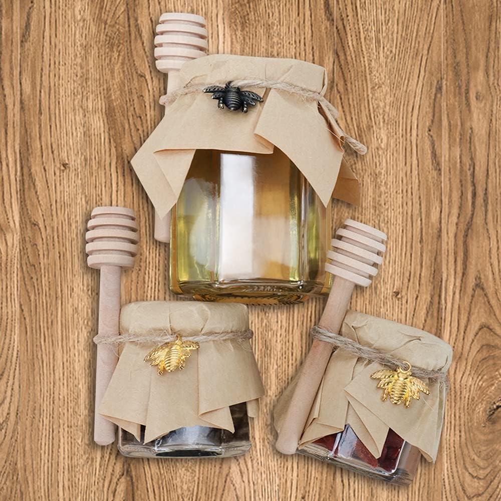 24Pack 1.5oz Mini Glass Hexagon Honey jars - Gold Lid, Small Wooden honey dipper, Bee Charms, Thank You Gift Tags, Jute - Baby Shower Thank You Party Wedding Favors Gifts (Golden) - Image 5