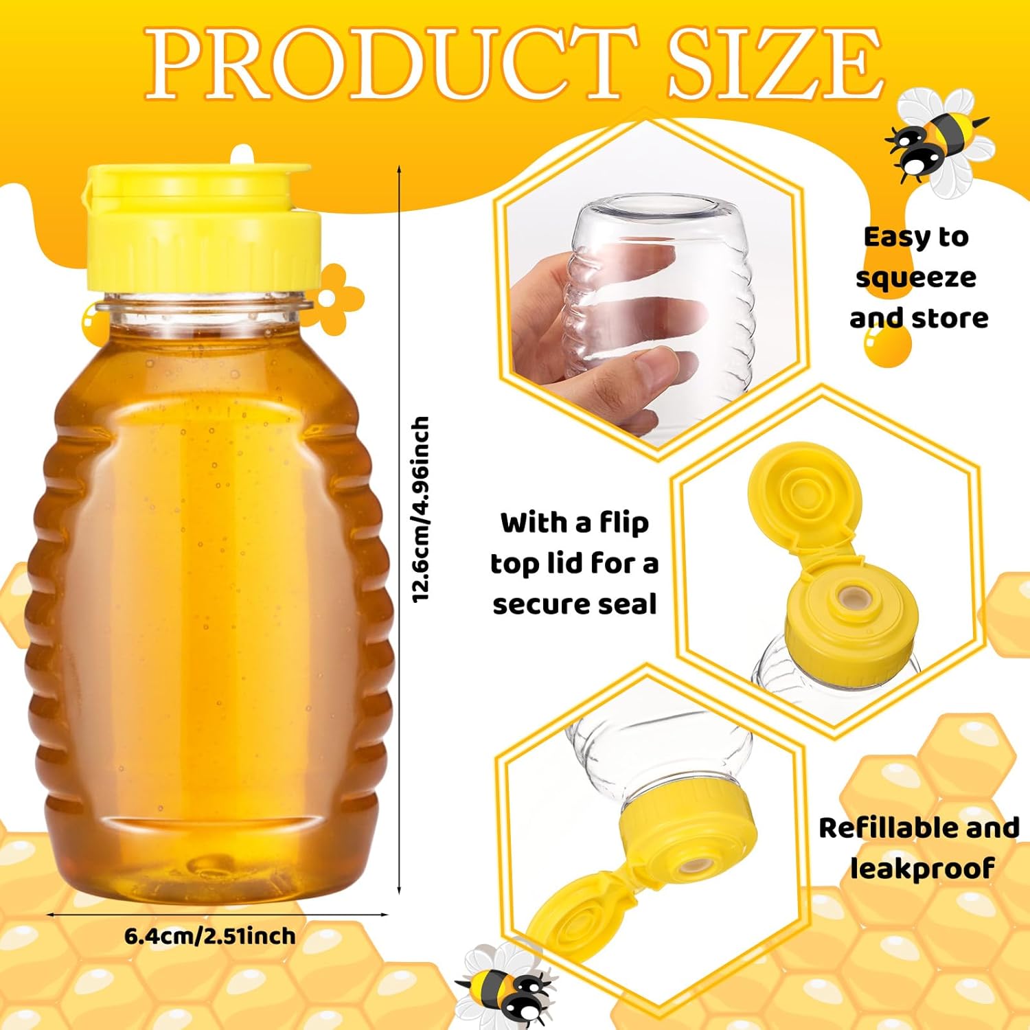 24 Pack Honey Bottles Small Honey Squeeze Bottle 8.8 oz Clear Plastic Jars with Leak Proof Lid and Wooden Dippers Container Empty for Storing Dispensing Party Favors Gifts - Image 2
