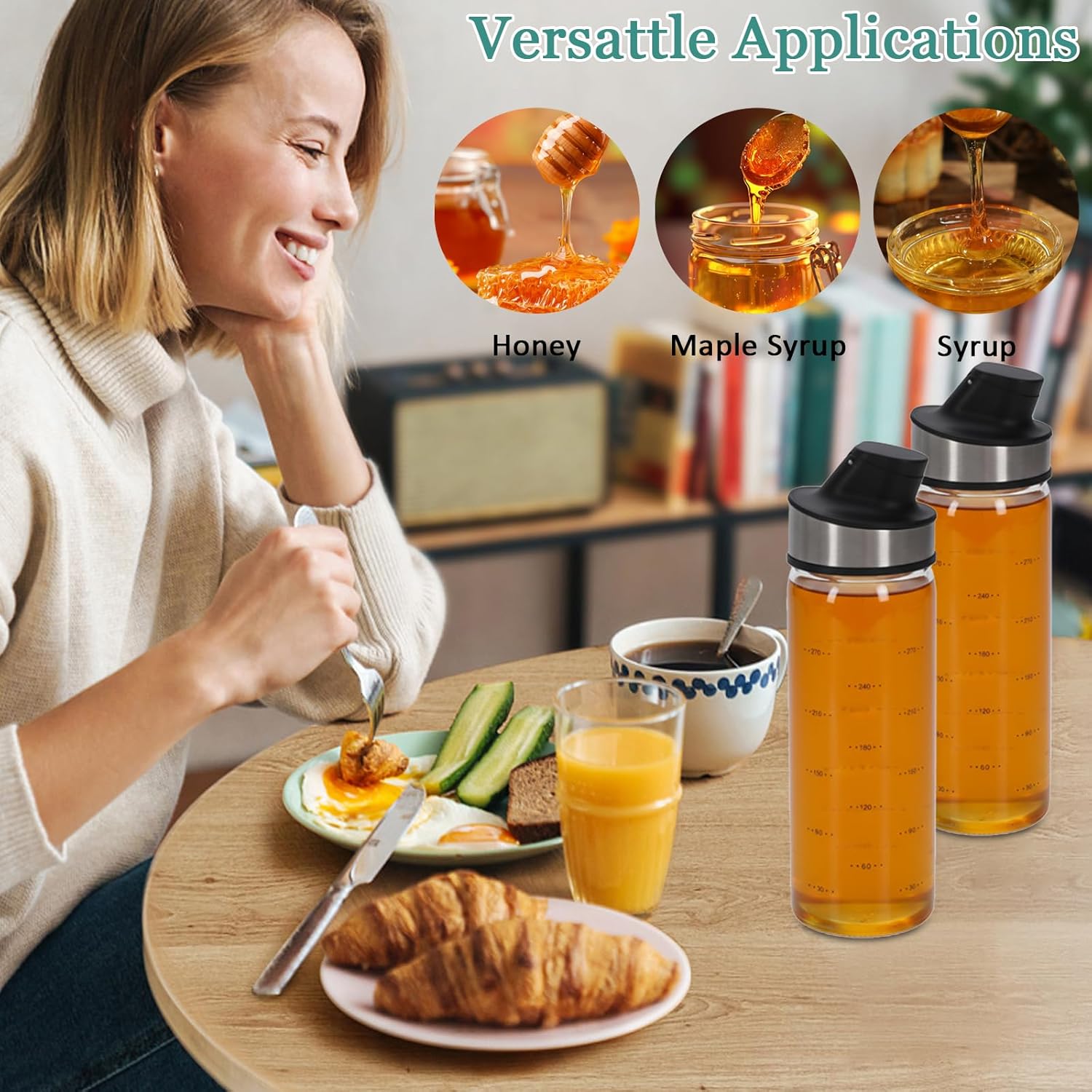 2 Pcs Honey Jar Dispenser,Glass Honey Container No Drip,Coffee Maple Syrup Creamer Salad Dressing Dispenser, Leak-Proof Oil Pot for Home Kitchen Essential Storage Holder 500ml/18oz - Image 4