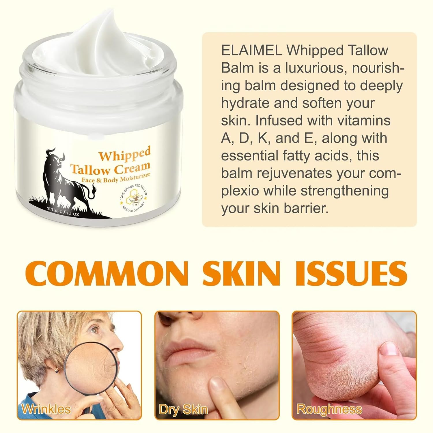 Beef Tallow for Skin, Beef Tallow Honey Balm, Organic Moisturizer for Face & Body Skin Care, Deeply Nourishes the Skins with Raw Wild Honey, Fast Absorption for Dry & Aging Skin - Image 3