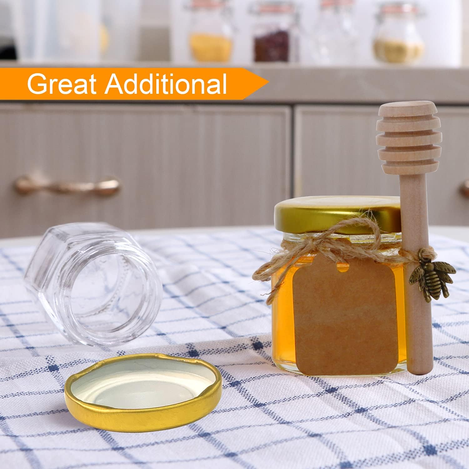 30 Pack 1.5 oz Mini Honey Jars,Hexagon Mini Glass Honey Jars with Gold Lids,Small honey Jar with dipper for Party Favors, Wedding Favors,Jams - Image 4
