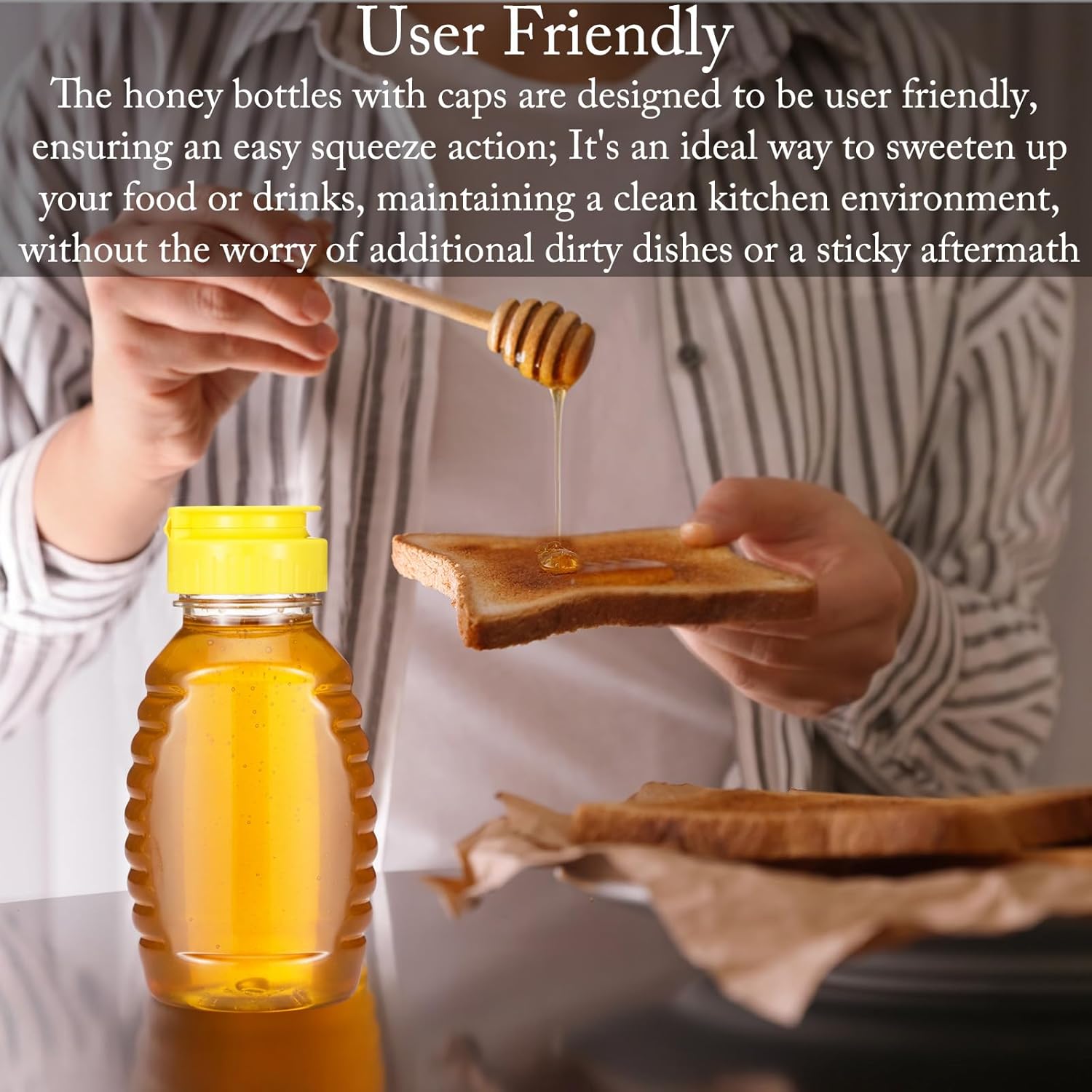24 Pack Honey Bottles Small Honey Squeeze Bottle 8.8 oz Clear Plastic Jars with Leak Proof Lid and Wooden Dippers Container Empty for Storing Dispensing Party Favors Gifts - Image 4