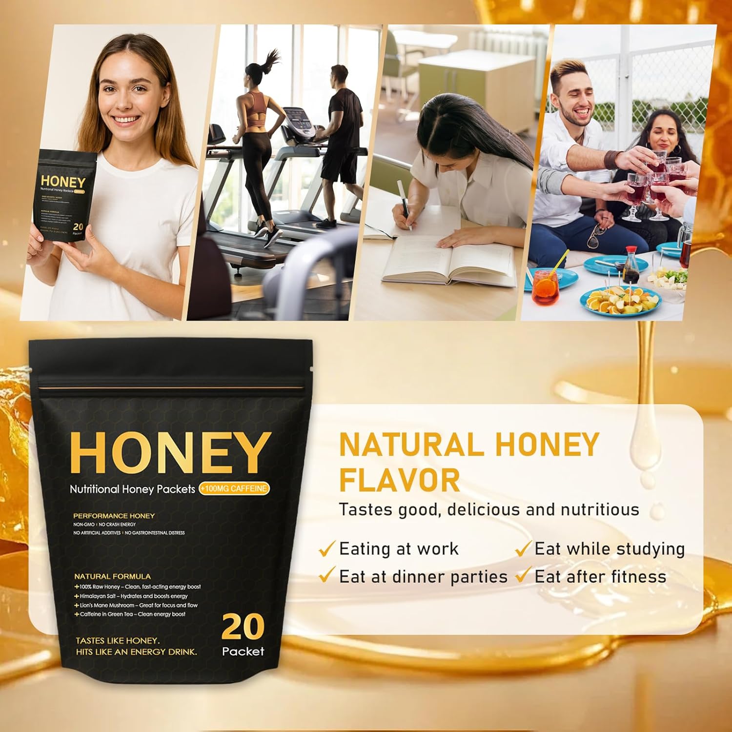 Nutrition Honey Packets - Nutritional Raw Honey, 100mg Caffeine, With Lions Mane Mushroom, Green Tea Caffeine, Himalayan Salt, Boost Energy & Keeps Focused, 100% Natural - Image 6