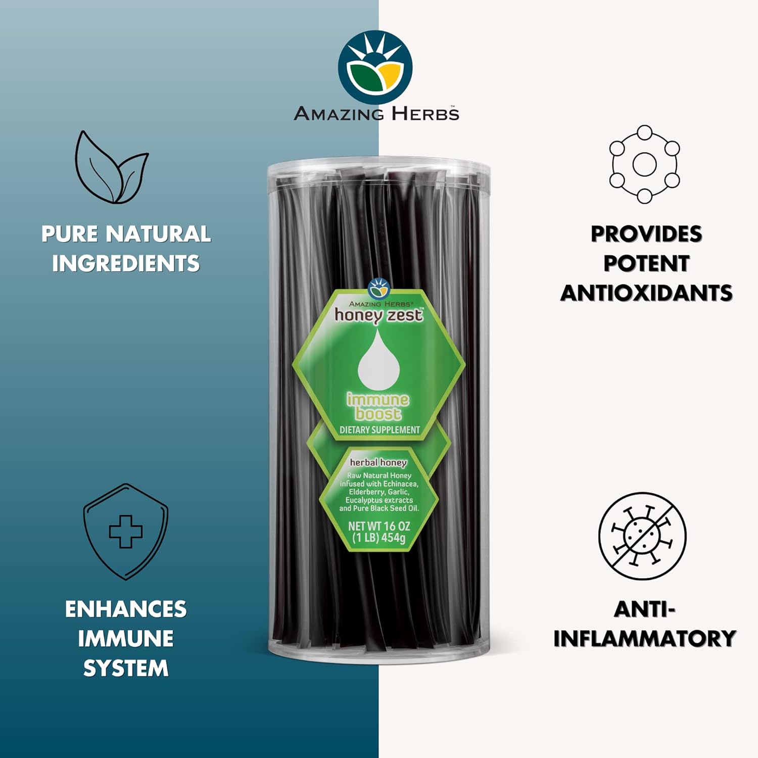 Amazing Herbs Raw Natural Honey - Herbal Honey Infused with Echinacea, Elderberry, Garlic, Eucalyptus Extracts & Pure Black Seed Oil, Non GMO, Gluten Free - Honeyzest Immune Boost Straws, 100 Count - Image 3